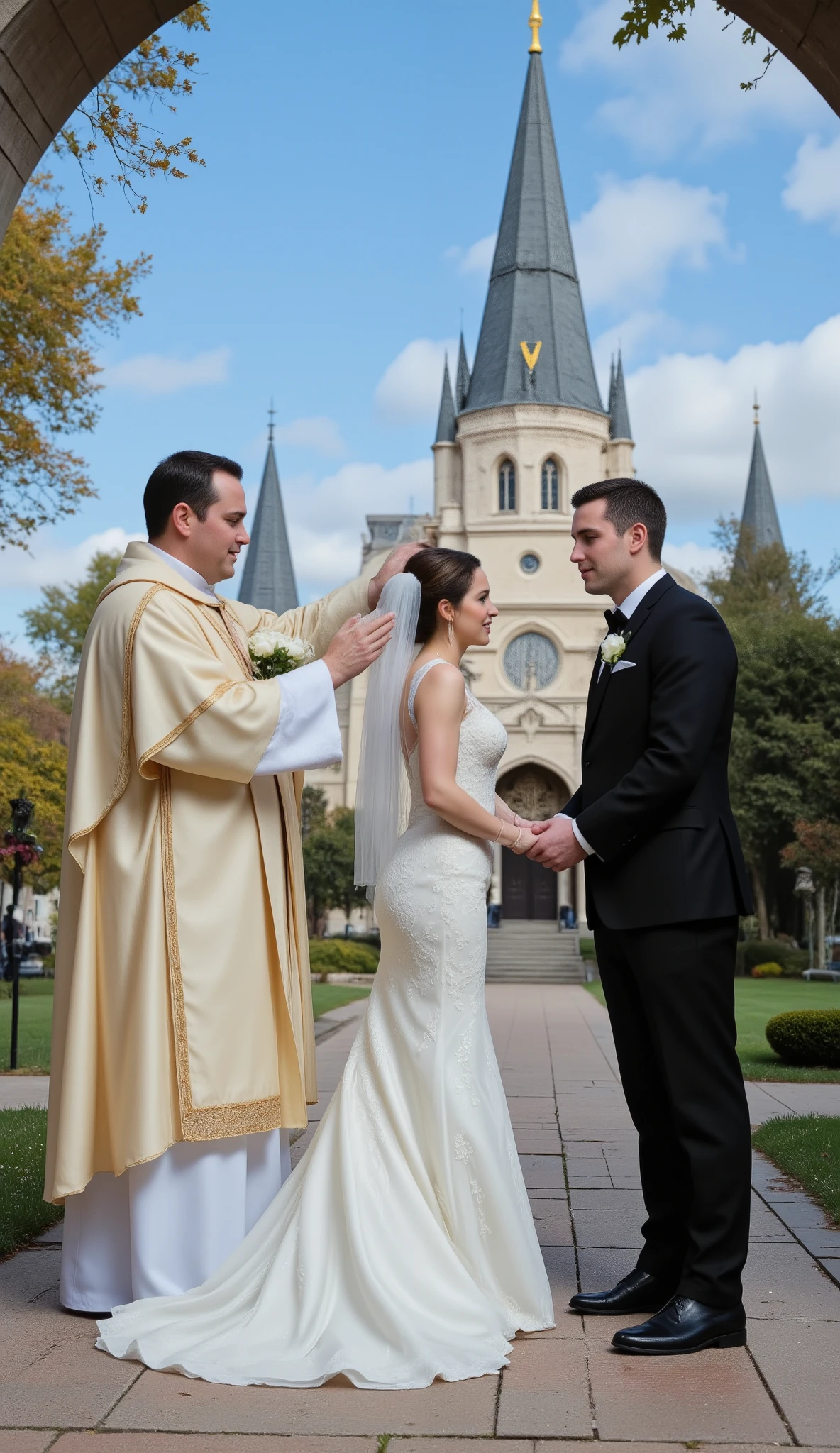 high-definition images、Catholic priest, a beautiful、model in formal attire, married in a pure white dress、is blessed by the pastor of a church in Texas、In front of the pastor's church、