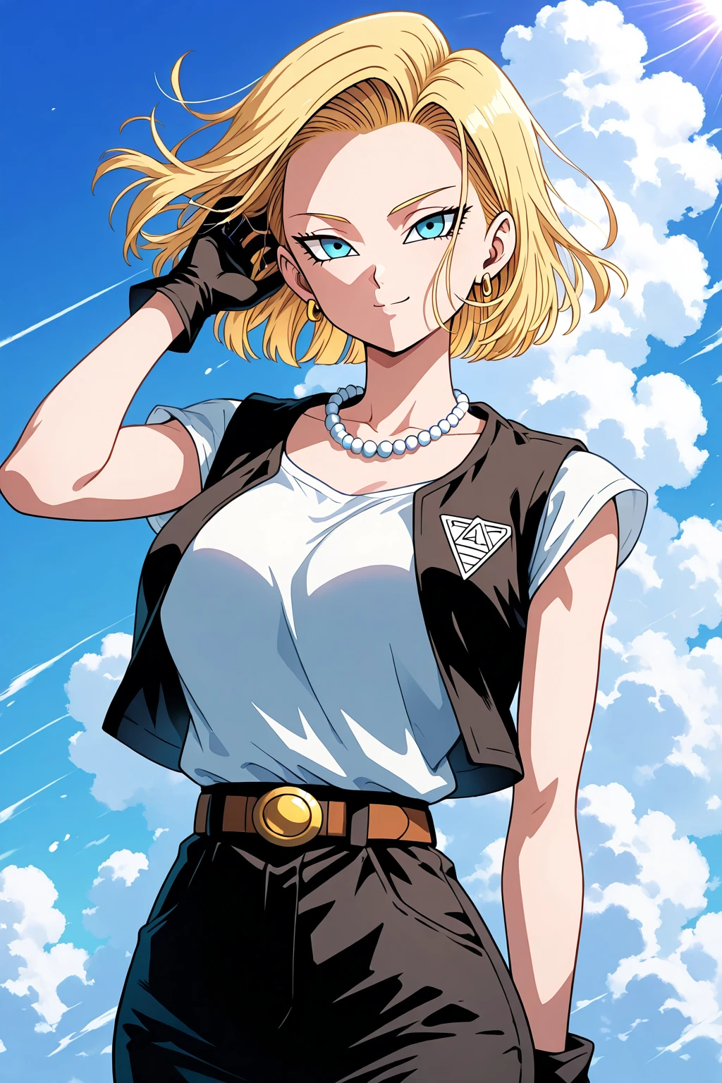 Android 18 from Dragon Ball Z, with a simple smile and shoulder - SeaArt AI