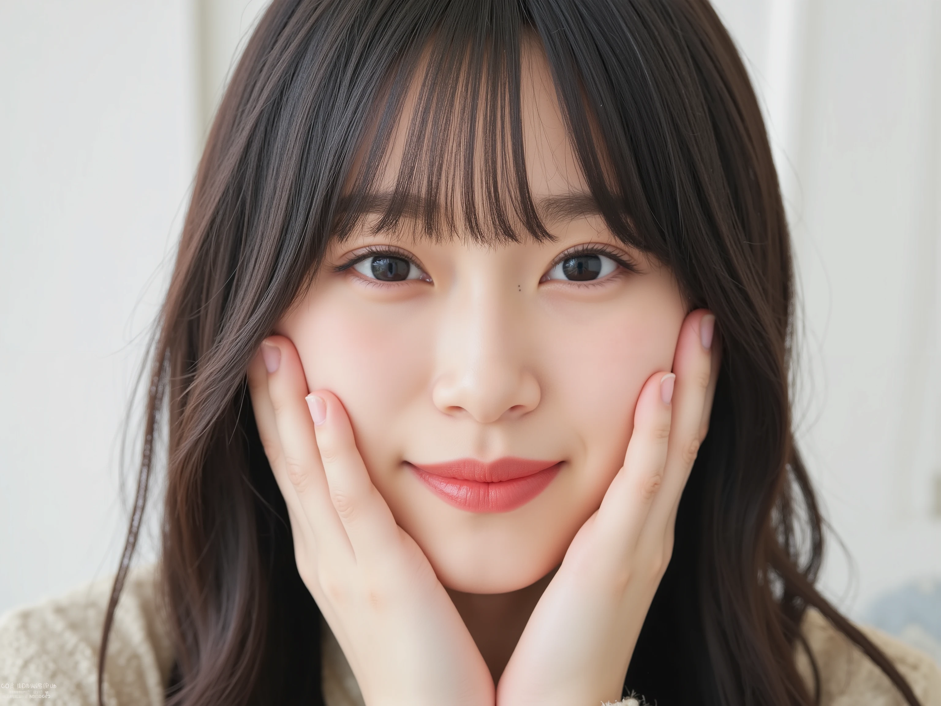 (Refined from an old photo, recreated in a modern, ultra high-quality photorealistic style, with a trendy Reiwa-era hairstyle: soft semi-long hair with natural waves and airy see-through bangs),
Ultra photorealistic close-up portrait of a beautiful Japanese woman,
upper-body shot, wearing a black outfit (completely out of frame, not visible),
shoulders and collarbone softly exposed,
both hands pressing her cheeks in a shy, lovestruck pose,
sparkling eyes gazing dreamily at the viewer with overwhelming affection,
cheeks blushing deeply with a sweet reddish glow,
soft glossy lips curved into a bright, full, lovestruck smile,
expression melting with love, playful, dreamy, adorably bashful,
purely cute and lovestruck, overflowing with affection and warmth,
realistic skin with detailed pores, subtle freckles, natural uneven tones,
tiny imperfections for realism, soft peach fuzz visible,
hair rendered with individual strands, slightly messy flow, natural matte shine,
soft diffused cinematic lighting, natural depth,
background pure white with gentle blur,
(masterpiece, best quality, high resolution, intimate romantic close-up, cinematic magazine cover style)