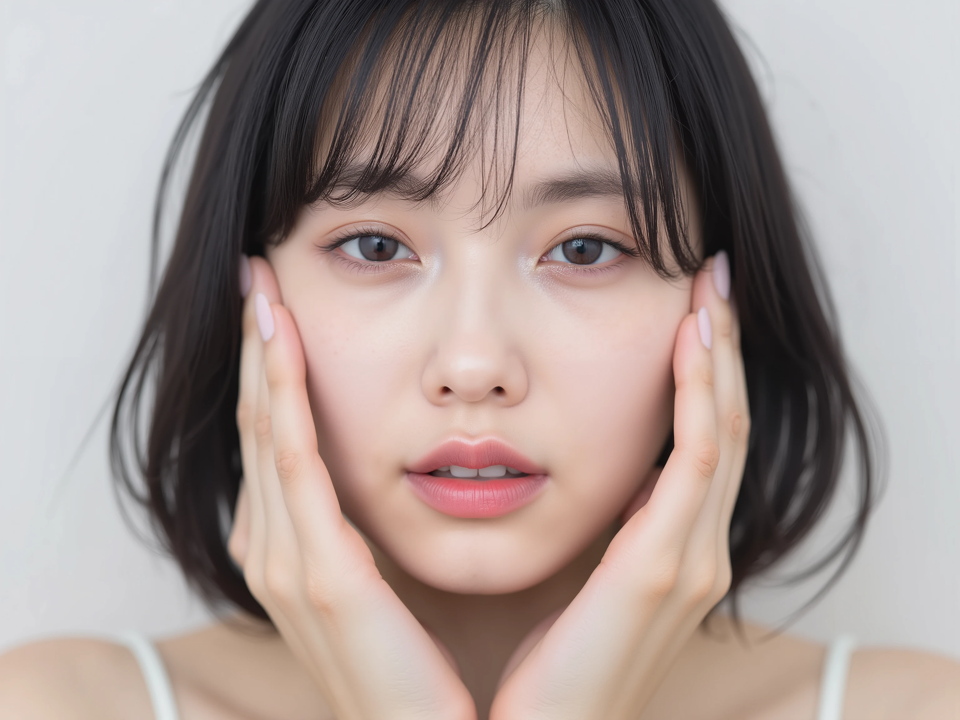 (Refined from an old photo, recreated in a modern, ultra high-quality photorealistic style, with a trendy Reiwa-era hairstyle: soft semi-long hair with natural waves and airy see-through bangs),
Ultra photorealistic close-up portrait of a beautiful Japanese woman,
upper-body shot, wearing a black outfit (completely out of frame, not visible),
shoulders and collarbone softly exposed,
both hands pressing her cheeks in a shy, lovestruck pose,
sparkling eyes gazing dreamily at the viewer with overwhelming affection,
cheeks blushing deeply with a sweet reddish glow,
soft glossy lips curved into a bright, full, lovestruck smile,
expression melting with love, playful, dreamy, adorably bashful,
purely cute and lovestruck, overflowing with affection and warmth,
realistic skin with detailed pores, subtle freckles, natural uneven tones,
tiny imperfections for realism, soft peach fuzz visible,
hair rendered with individual strands, slightly messy flow, natural matte shine,
soft diffused cinematic lighting, natural depth,
background pure white with gentle blur,
(masterpiece, best quality, high resolution, intimate romantic close-up, cinematic magazine cover style)
