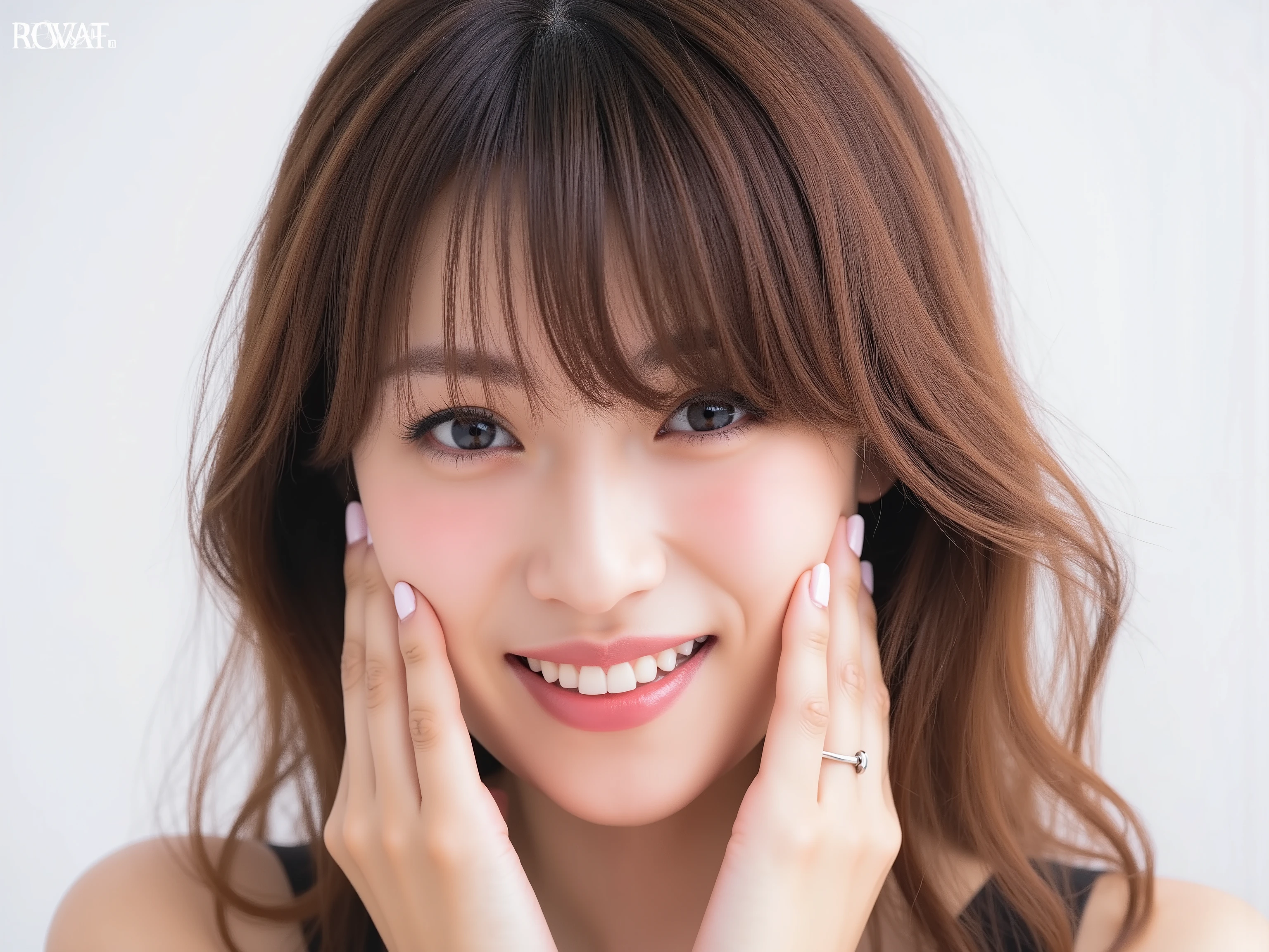 (Refined from an old photo, recreated in a modern, ultra high-quality photorealistic style, with a trendy Reiwa-era hairstyle: soft semi-long hair with natural waves and airy see-through bangs),
Ultra photorealistic close-up portrait of a beautiful Japanese woman,
upper-body shot, wearing a black outfit (completely out of frame, not visible),
shoulders and collarbone softly exposed,
both hands pressing her cheeks in a shy, lovestruck pose,
sparkling eyes gazing dreamily at the viewer with overwhelming affection,
cheeks blushing deeply with a sweet reddish glow,
soft glossy lips curved into a bright, full, lovestruck smile,
expression melting with love, playful, dreamy, adorably bashful,
purely cute and lovestruck, overflowing with affection and warmth,
realistic skin with detailed pores, subtle freckles, natural uneven tones,
tiny imperfections for realism, soft peach fuzz visible,
hair rendered with individual strands, slightly messy flow, natural matte shine,
soft diffused cinematic lighting, natural depth,
background pure white with gentle blur,
(masterpiece, best quality, high resolution, intimate romantic close-up, cinematic magazine cover style)