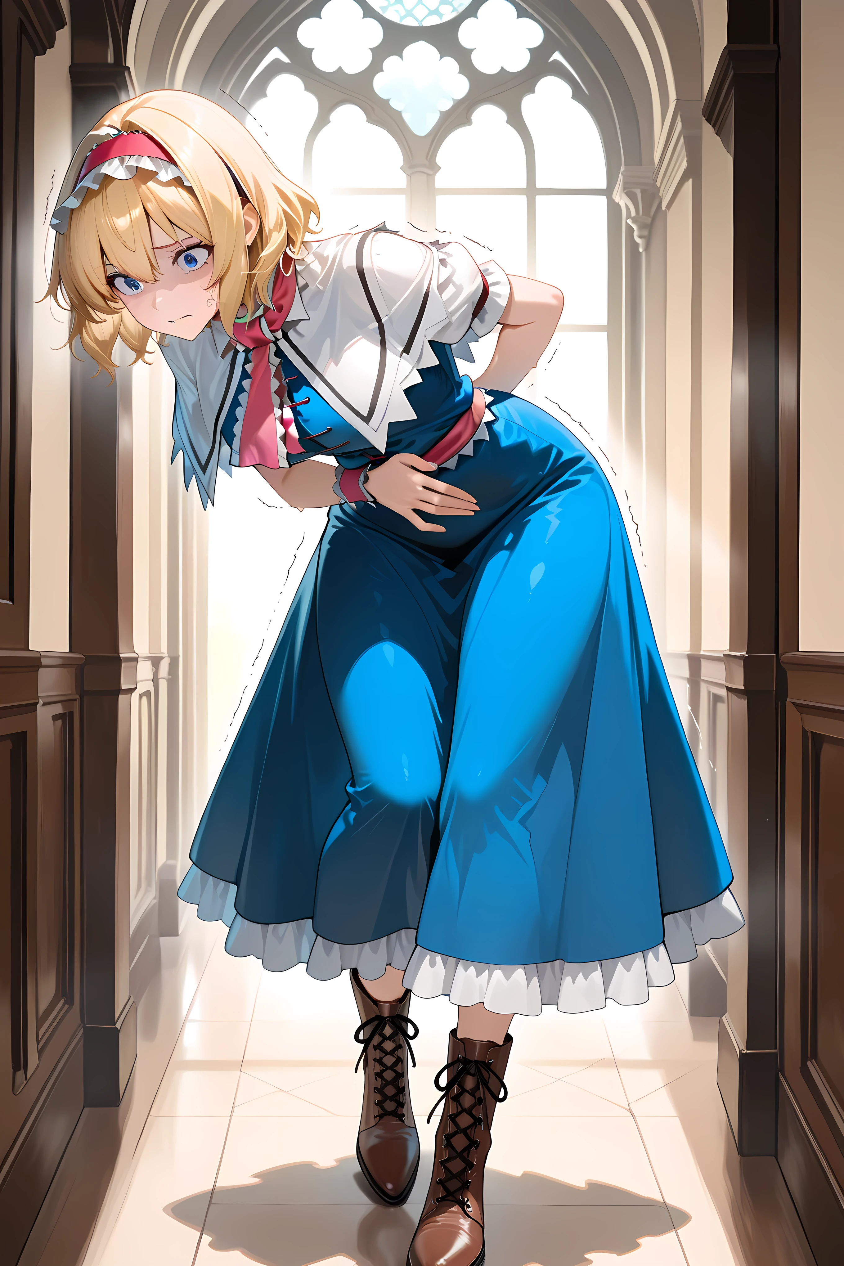 aliceN,alice margatroid, medium hair, blonde hair, blue eyes, ,red hairband, lolita hairband, frilled hairband, ,white capelet, blue dress, frilled dress, frilled ascot, red ascot, puffy short sleeves, brown footwear, cross-laced footwear, boots,,general, masterpiece, highres, ultra-detailed, hyper-detailed, best quality, amazing quality, very aesthetic, best hands, best eyes, best hand
adult woman, 1woman, hand on own stomach, sweat, leaning forward, nervous, scared, trembling legs, European style mansion huge hallway