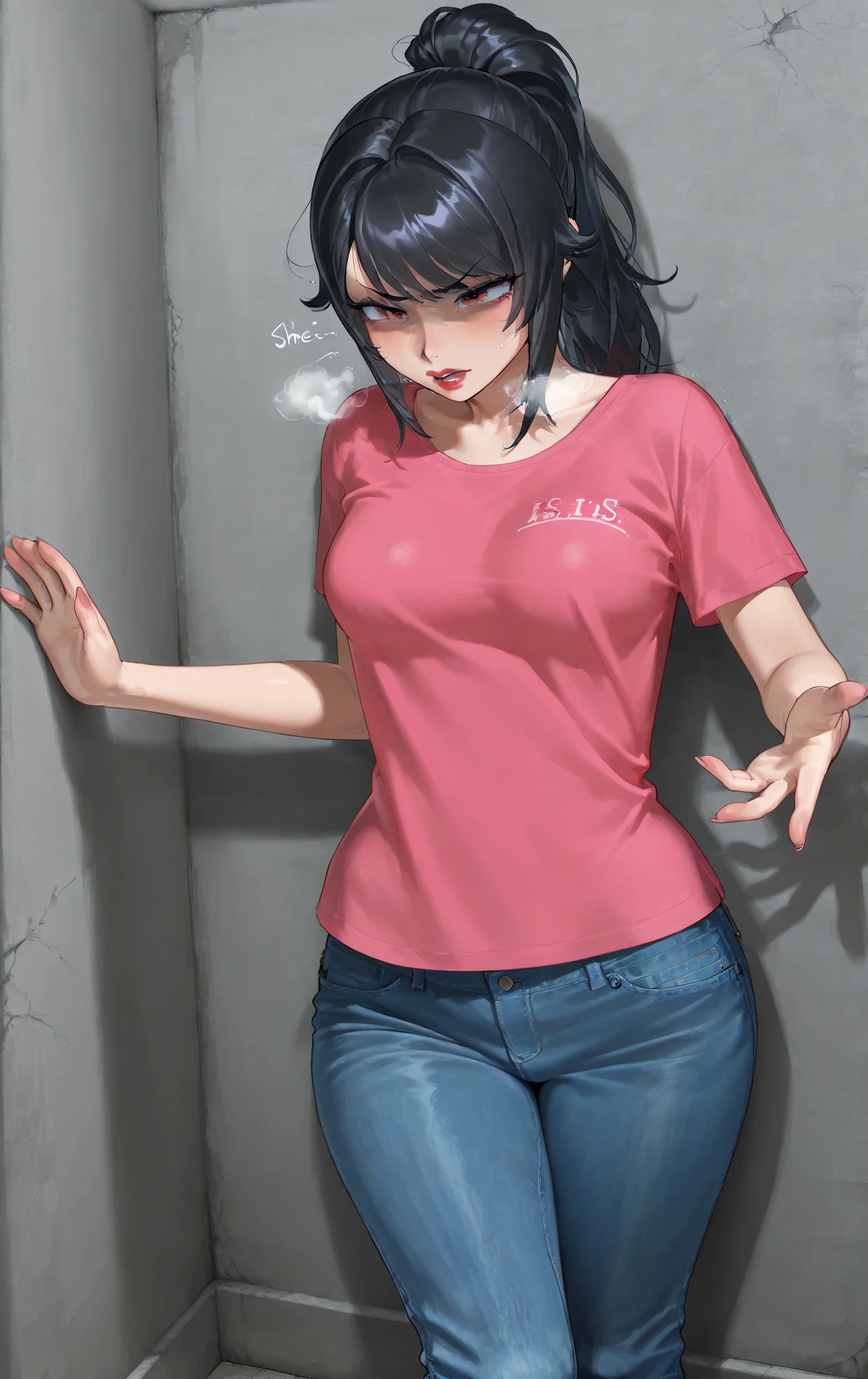 a Woman (Ayano) medium breasts, medium hips, with clothes for daily use, jeans and a pink t-shirt, she is in the background like a Japanese university student, She is crossing her arms, big hips, red lipstick, ponytail, She is leaning against the concrete wall, in front, Her pants are a little low and show the beginning of her lower abdomen, She is leaning against the wall with open hands, flirty legs slightly open with restless breathing, zipper of her pants open , disgusted expression, she is disgusted