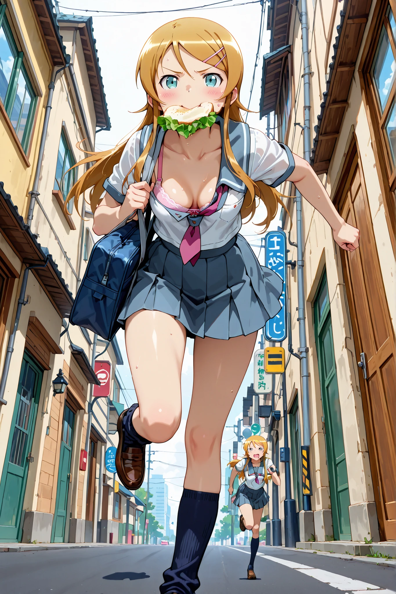 masterpiece, best quality, amazing quality, very aesthetic, absurdres, (anime screen shot:0.95), from below, 1girl, kousaka kirino, small breasts, cleavage slip, bra slip, sweat, panic face, full-body shot, school uniform, one leg is a white loose sock and the other leg is a black knee-sock, zettai ryoiki, furrowed brows, holding a slice of bread in mouth, hold school-bag, escaping, running, street,