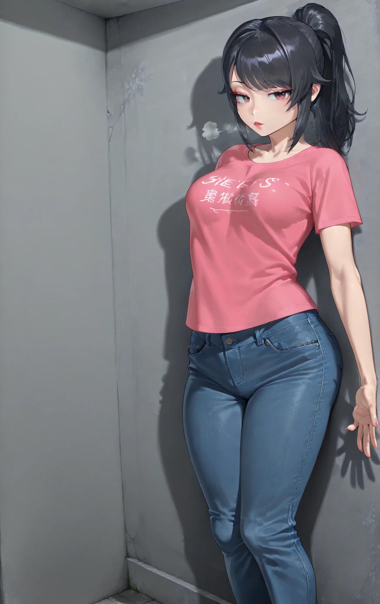 a Woman (Ayano) medium breasts, medium hips, with clothes for daily use, jeans and a pink t-shirt, she is in the background like a Japanese university student, She is crossing her arms, big hips, red lipstick, ponytail, She is leaning against the concrete wall, in front, Her pants are a little low and show the beginning of her lower abdomen, She is leaning against the wall with open hands, flirty legs slightly open with restless breathing, zipper of her pants open , bored expression, she is bored looking elsewhere