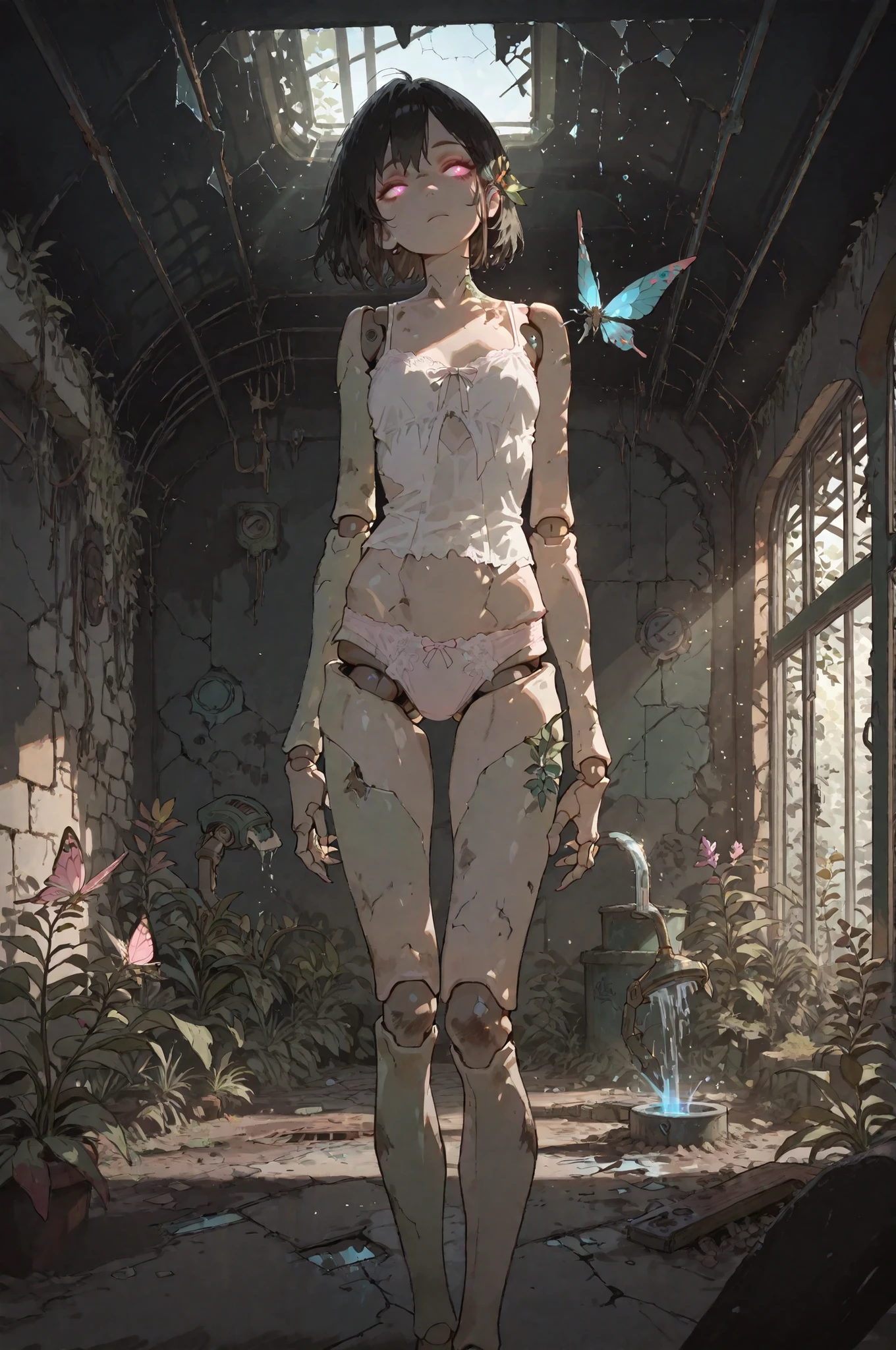 Highest Quality, masterpiece, Super Resolution, Luxurious Abandoned Greenhouse, Broken Glass Ceiling, Rusty steel frame, Wild Decorative Plants, Crumbling stone wall, Mossy floor, Girl-shaped Android Gardener, Wore a White Camisole, Light Pink Underwear, Clear Artificial Skin, mechanical structure of joints, Blue Glowing Eyes, short black hair with waist, Delicate fingertips, water the plants, Dirty knees, Exposed Machine Parts, Ruins where sunlight shines in, A space where butterflies flutter, Quiet atmosphere