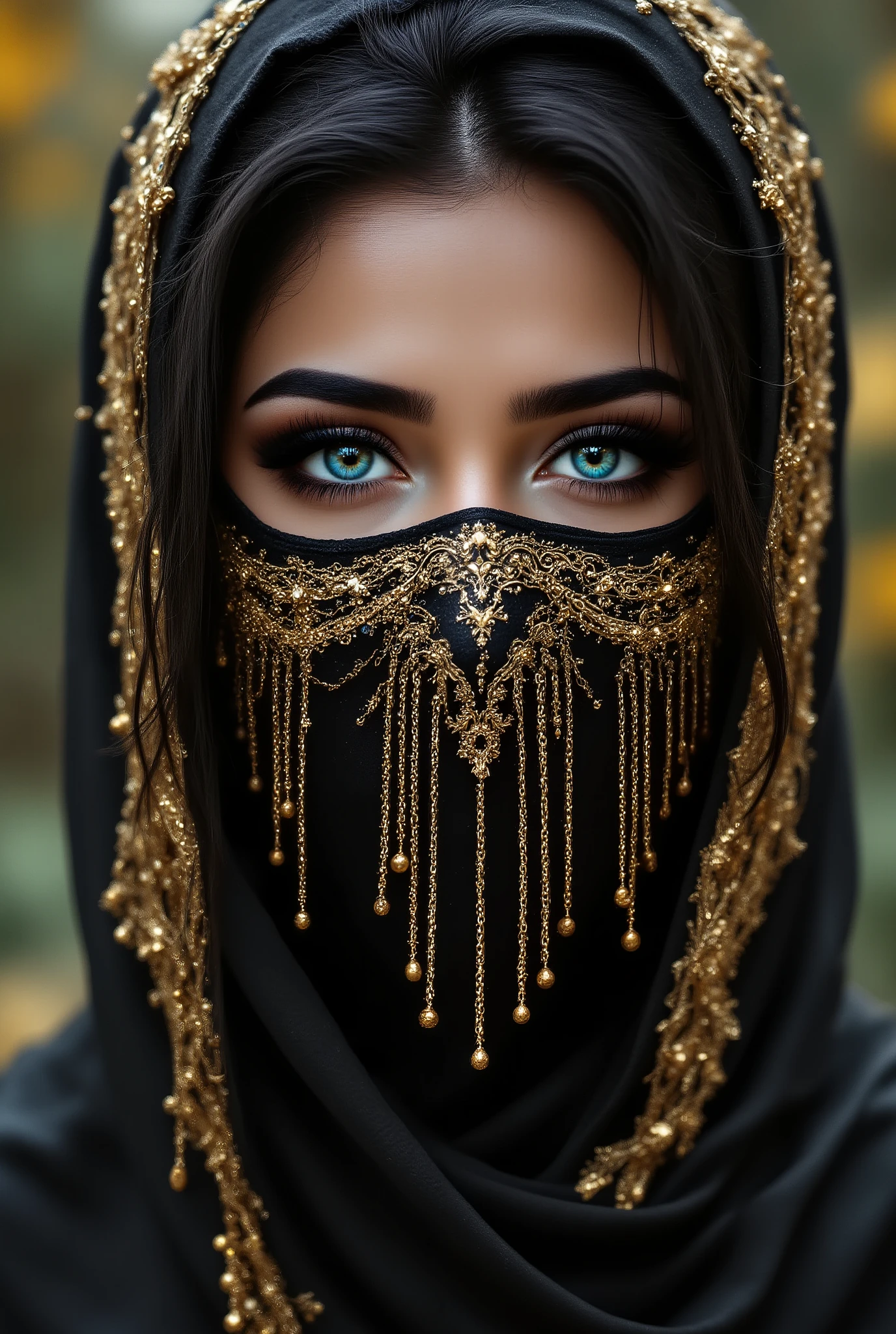 Portrait of an Arab princess, fairy tale image, Fantastic backgrounds, magical atmosphere, she has a veil-mask and falling fringes (gold-chaining) cover the lower part of the face:1.33, Ultra-realistic (photorealistic Realism), (ultra realistic texture details: velvety skin, hair), (dark hair (short hair)((slicked to one side)), Intricately detailed:1.3),(Key Directive: - ("The priority is the anatomical accuracy and texture of the materials" - "Ultra-sharp human eyes with biological accuracy") { "Eyes: (acid-resistant terminology) (macro-details:1 . 5): * Moist corneal surface (visible aqueous layer:1 . 2) * Hyper-detailed iris stroma ((brown) with gold flecks) * Precise limbal ring (slightly darker pigmentation:1 . 22) * Pupil micro-texture (irregular edge authenticity:0 . 9) * Vasculature in sclera (subtle red veins radiating from limbus)" - "Lashes: blue individual synthetic fibers (crosshatched roots:1 . 2 , clump-free separation)" Technical Specs: (Optics: - "Zeiss Otus85mm f/1 . 4 lens (eye refraction calculations:1 . 3)" - "Shutter Speed:1/500 (freeze eye micro-movements)" - "Focus Stacking:7-point coverage on iris plane"), ((blonde hair (very short hair:1.45)((slicked to one side:1.4)), intricately details:1.41), (Post-Processing: - "Frequency separation for skin vs eye details" - "Selective sharpening: eyes170% , hair150%" - "Denoise: luminance20 , color35 (retain corneal speculars)") (Avoid: "pupil distortion , uncanny valley asymmetry , plastic-like wetness")