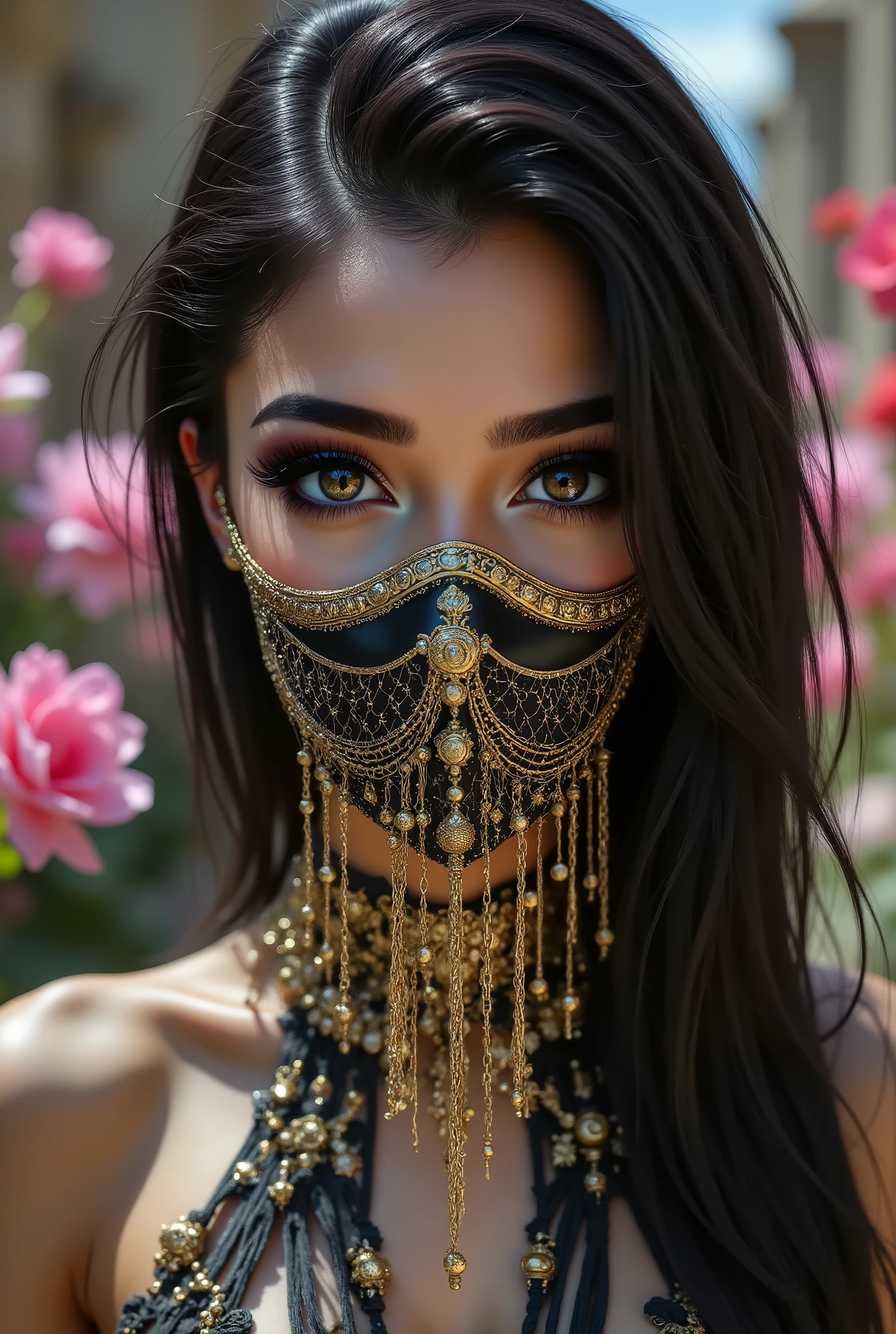 Portrait of an Arab princess, fairy tale image, Fantastic backgrounds, magical atmosphere, she has a veil-mask and falling fringes (gold-chaining) cover the lower part of the face:1.33, Ultra-realistic (photorealistic Realism), (ultra realistic texture details: velvety skin, hair), (dark hair (short hair)((slicked to one side)), Intricately detailed:1.3),(Key Directive: - ("The priority is the anatomical accuracy and texture of the materials" - "Ultra-sharp human eyes with biological accuracy") { "Eyes: (acid-resistant terminology) (macro-details:1 . 5): * Moist corneal surface (visible aqueous layer:1 . 2) * Hyper-detailed iris stroma ((brown) with gold flecks) * Precise limbal ring (slightly darker pigmentation:1 . 22) * Pupil micro-texture (irregular edge authenticity:0 . 9) * Vasculature in sclera (subtle red veins radiating from limbus)" - "Lashes: blue individual synthetic fibers (crosshatched roots:1 . 2 , clump-free separation)" Technical Specs: (Optics: - "Zeiss Otus85mm f/1 . 4 lens (eye refraction calculations:1 . 3)" - "Shutter Speed:1/500 (freeze eye micro-movements)" - "Focus Stacking:7-point coverage on iris plane"), ((blonde hair (very short hair:1.45)((slicked to one side:1.4)), intricately details:1.41), (Post-Processing: - "Frequency separation for skin vs eye details" - "Selective sharpening: eyes170% , hair150%" - "Denoise: luminance20 , color35 (retain corneal speculars)") (Avoid: "pupil distortion , uncanny valley asymmetry , plastic-like wetness")