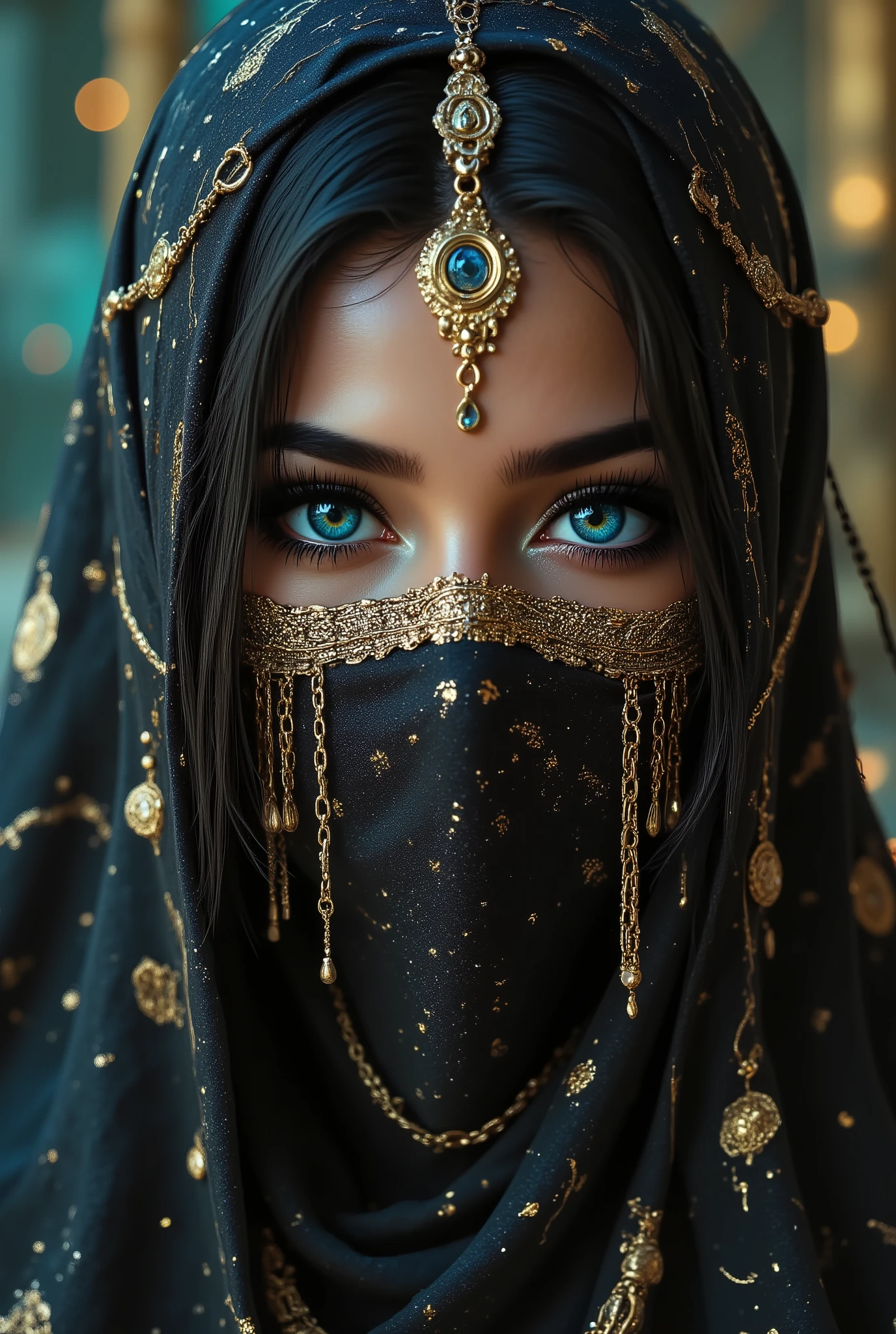 Portrait of an Arab princess, fairy tale image, Fantastic backgrounds, magical atmosphere, she has a veil-mask and falling fringes (gold-chaining) cover the lower part of the face:1.33, Ultra-realistic (photorealistic Realism), (ultra realistic texture details: velvety skin, hair), (dark hair (short hair)((slicked to one side)), Intricately detailed:1.3),(Key Directive: - ("The priority is the anatomical accuracy and texture of the materials" - "Ultra-sharp human eyes with biological accuracy") { "Eyes: (acid-resistant terminology) (macro-details:1 . 5): * Moist corneal surface (visible aqueous layer:1 . 2) * Hyper-detailed iris stroma ((brown) with gold flecks) * Precise limbal ring (slightly darker pigmentation:1 . 22) * Pupil micro-texture (irregular edge authenticity:0 . 9) * Vasculature in sclera (subtle red veins radiating from limbus)" - "Lashes: blue individual synthetic fibers (crosshatched roots:1 . 2 , clump-free separation)" Technical Specs: (Optics: - "Zeiss Otus85mm f/1 . 4 lens (eye refraction calculations:1 . 3)" - "Shutter Speed:1/500 (freeze eye micro-movements)" - "Focus Stacking:7-point coverage on iris plane"), ((blonde hair (very short hair:1.45)((slicked to one side:1.4)), intricately details:1.41), (Post-Processing: - "Frequency separation for skin vs eye details" - "Selective sharpening: eyes170% , hair150%" - "Denoise: luminance20 , color35 (retain corneal speculars)") (Avoid: "pupil distortion , uncanny valley asymmetry , plastic-like wetness")