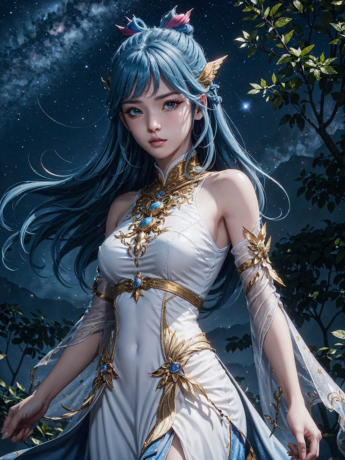 super high quality, (8k, RAW photo, realistic), land of Ice, unparalleled beauty princess, cute face, iridescent white braided bangs hair, wearing iridescent ice carved dress, background ice sculptures, (gorgeous temple of fire:1.4), (magnificent view:1.2), detailed and delicate depiction and flashy and dynamic painting method, dark fantasy, contrast of blue, gold and red