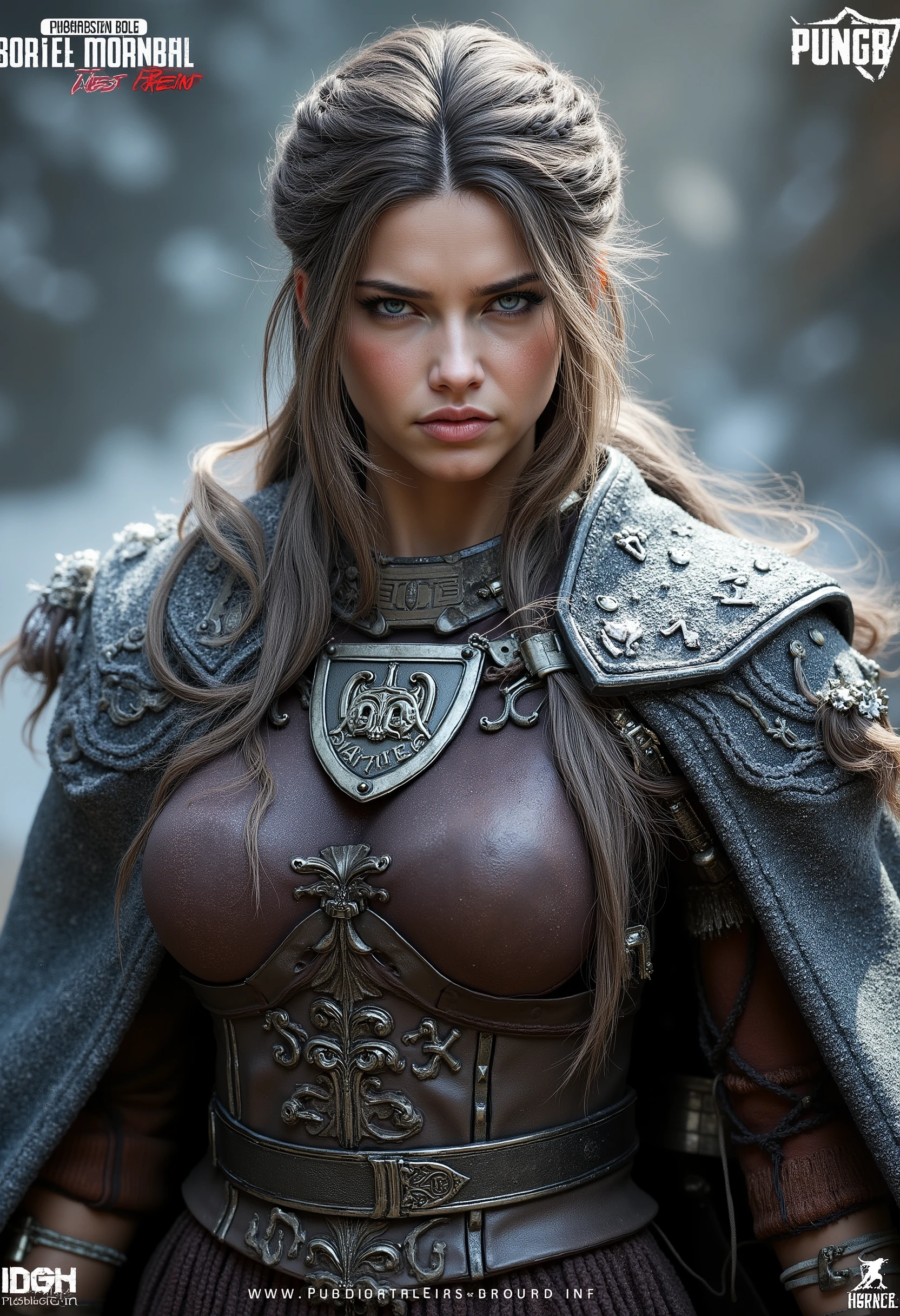 Skin de Viking feminina do PUBG Mobile: leather and skin warrior armor, Intricate Norse rune decorations, Hair braided with iron ornaments, Frost-Touched Cape, steel shoulder plates, PUBG cinematic design ready for battle.&&&" Quote "; cita &" Quote ";;  Naming  &&" Quote "; cita &" Quote ";;;