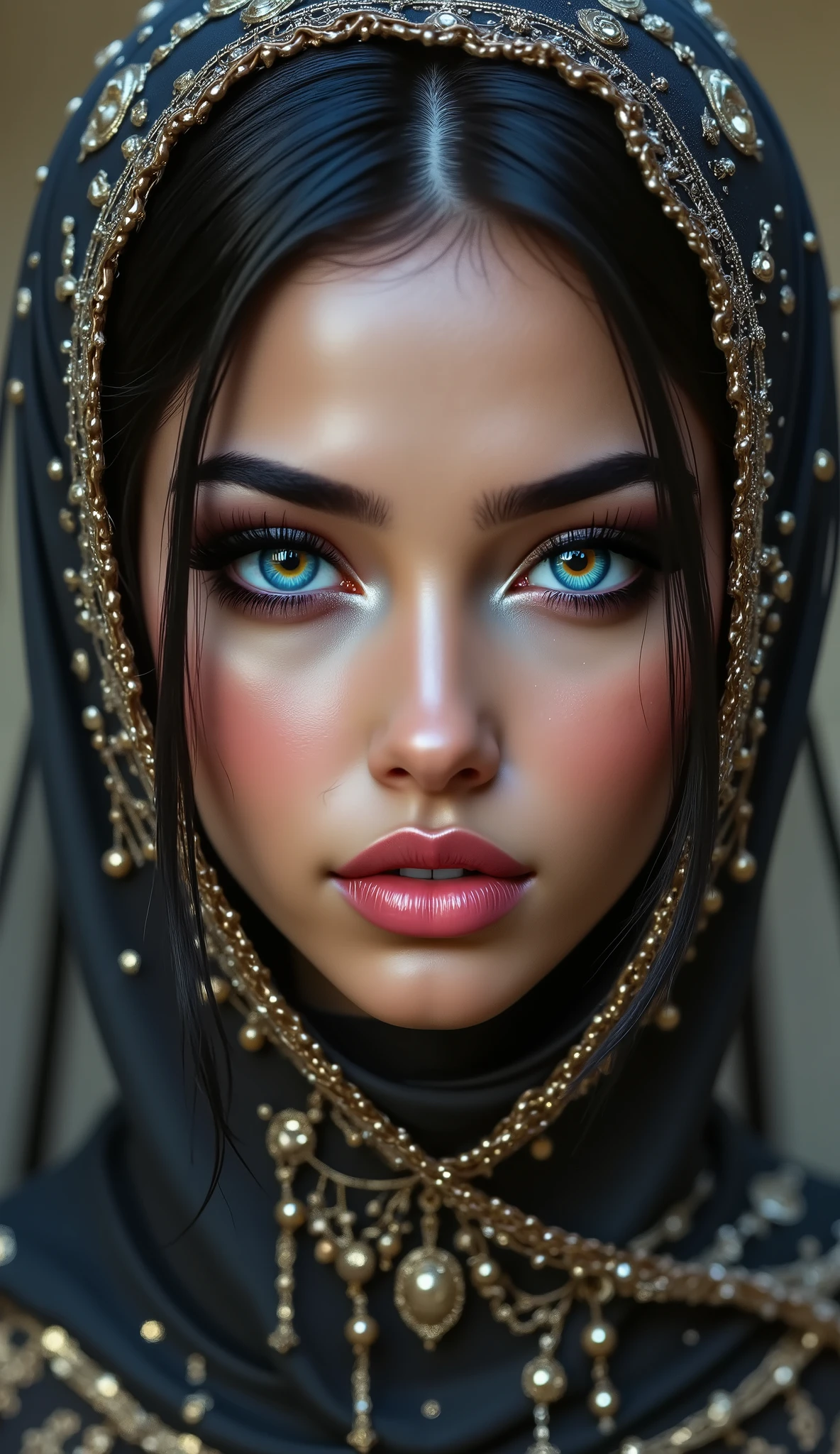 Portrait of an Arabian princess, a fairy-tale image, fantastic backgrounds, a magical fairy-tale atmosphere, she has a veil-mask and falling fringes (gold-chaining) cover the lower part of the face, Ultra-realistic (photorealistic Realism), (ultra realistic texture details: velvety skin, hair), dark hair (short hair)((slicked to one side) Intricately detailed),(Key Directive: - ("The priority is the anatomical accuracy and texture of the materials" - "Ultra-sharp human eyes with biological accuracy") { "Eyes: (acid-resistant terminology) (macro-details:1 . 5): * Moist corneal surface (visible aqueous layer:1 . 2) * Hyper-detailed iris stroma ((brown) with gold flecks) * Precise limbal ring (slightly darker pigmentation:1 . 22) * Pupil micro-texture (irregular edge authenticity:0 . 9) * Vasculature in sclera (subtle red veins radiating from limbus)" - "Lashes: blue individual synthetic fibers (crosshatched roots:1 . 2 , clump-free separation)" Technical Specs: (Optics: - "Zeiss Otus85mm f/1 . 4 lens (eye refraction calculations:1 . 3)" - "Shutter Speed:1/500 (freeze eye micro-movements)" - "Focus Stacking:7-point coverage on iris plane"), ((blonde hair (very short hair:1.45)((slicked to one side:1.4)), intricately details:1.41), (Post-Processing: - "Frequency separation for skin vs eye details" - "Selective sharpening: eyes170% , hair150%" - "Denoise: luminance20 , color35 (retain corneal speculars)") (Avoid: "pupil distortion , uncanny valley asymmetry , plastic-like wetness") "angelic cute face, white teeth, perfect beauty, long eyelashes, neon pink lips, oiled skin. no blur sharp focus on all body"