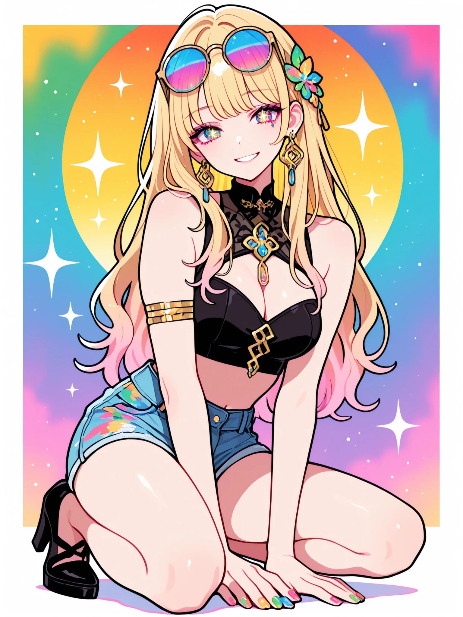 Woman, solo, Colorful nails, rimless, eyes of gold, long hair,, hair ornaments、colorful background, Blonde, Sparkling Makeup on Her Face、Shibuya、moving pose、colorful sunglasses、Full Body、Gal、shorts、pieces、Highest Quality、masterpiece