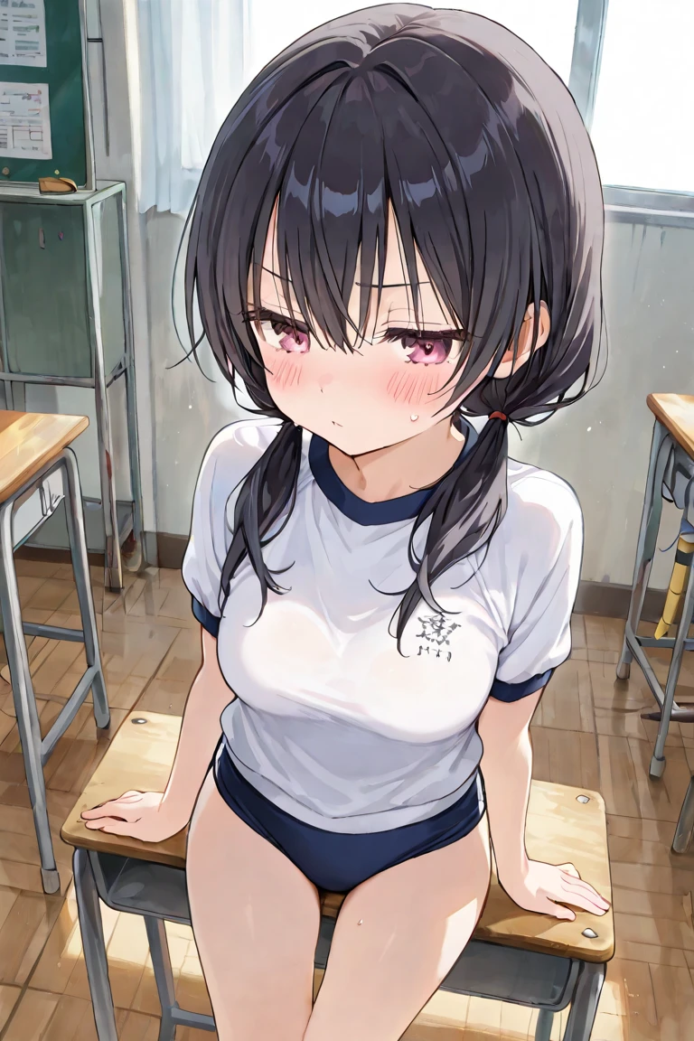 masterpiece, ultra quality, ultra sharp, ultra detailed, 1girl, solo, (((good ))), haduki kurumi, shiny skin, (tattered torn dripping wet white gym shirt), navy gym pants, animal ears, randoseru, name tag, Japanese anime pose, laugh, BurumaShorts, Buruma, Gym Uniform, (((sitting, squatting, , legspread, split_legs, spreading legs)), (randoseru backpack:1.4), (embarrassed, jitome:1.4), buruma, blue buruma, black buruma, (), (tattered torn short sleeve white gym uniform with colored hem), (tiny ), (white long loose socks), strong lighting, legspread, ,  on clothes,  on legs,  on buruma,  on bloomers, (spreading  by hands)