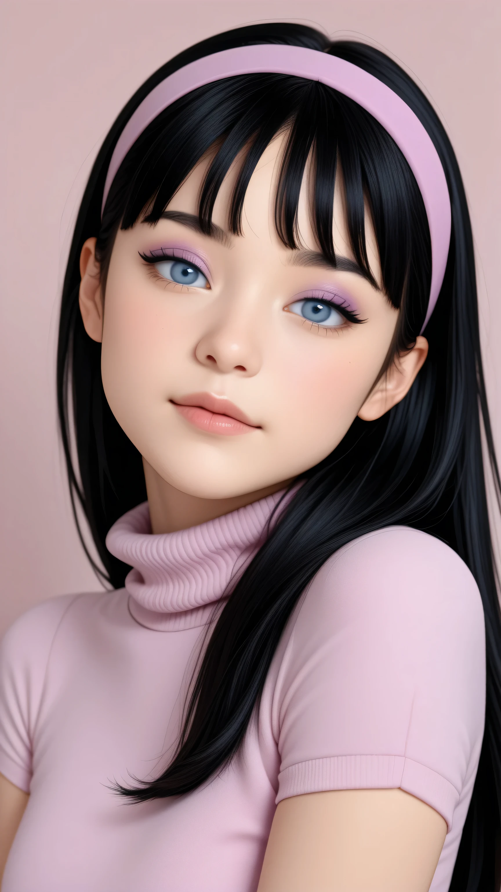 1girl, Solo, High Resolution, Accurate, Best Quality, High Details, High Quality, Black Hair, Bangs, Long Hair, pink headband, blue eyes, pink turtleneck sweater with short sleeves, eyeshadow, portrait, adult