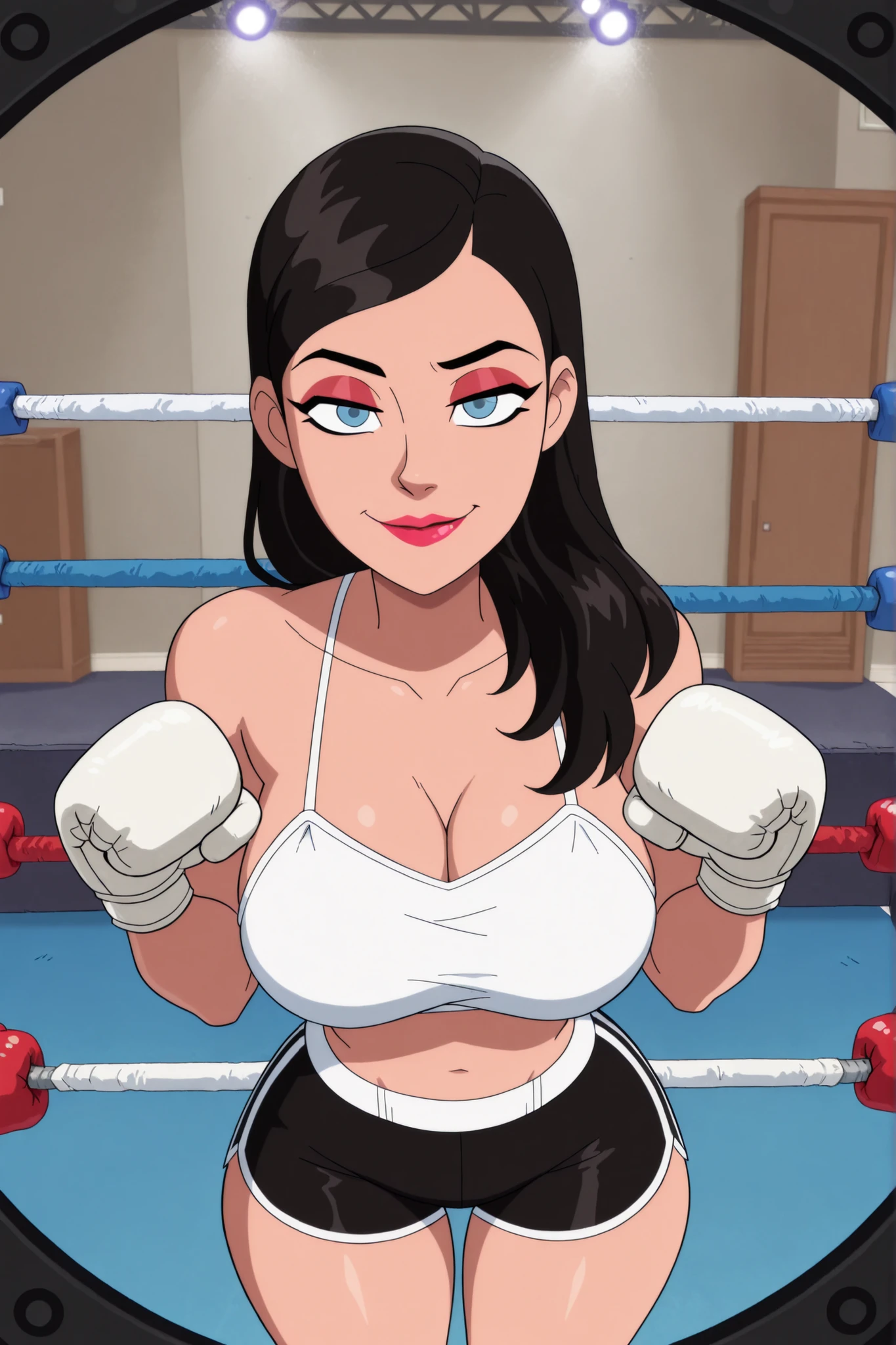 BREAK, score_6_up, score_7_up, score_8_up, score_9, 1girl, solo, loislane, black hair, long hair, makeup, lipstick, blue eyes, very large breasts, cleavage, curvy, athletic, looking at viewer, seducing viewer, teasing viewer, smiling, closed mouth, seductive expression, bedroom eyes, busty, white bikini top, black workout shorts, white boxing gloves, indoors, boxing ring, standing, portrait, closeup, upper body, high-angle view, red eyeshadow, black mascara, thick thighs, wide hips