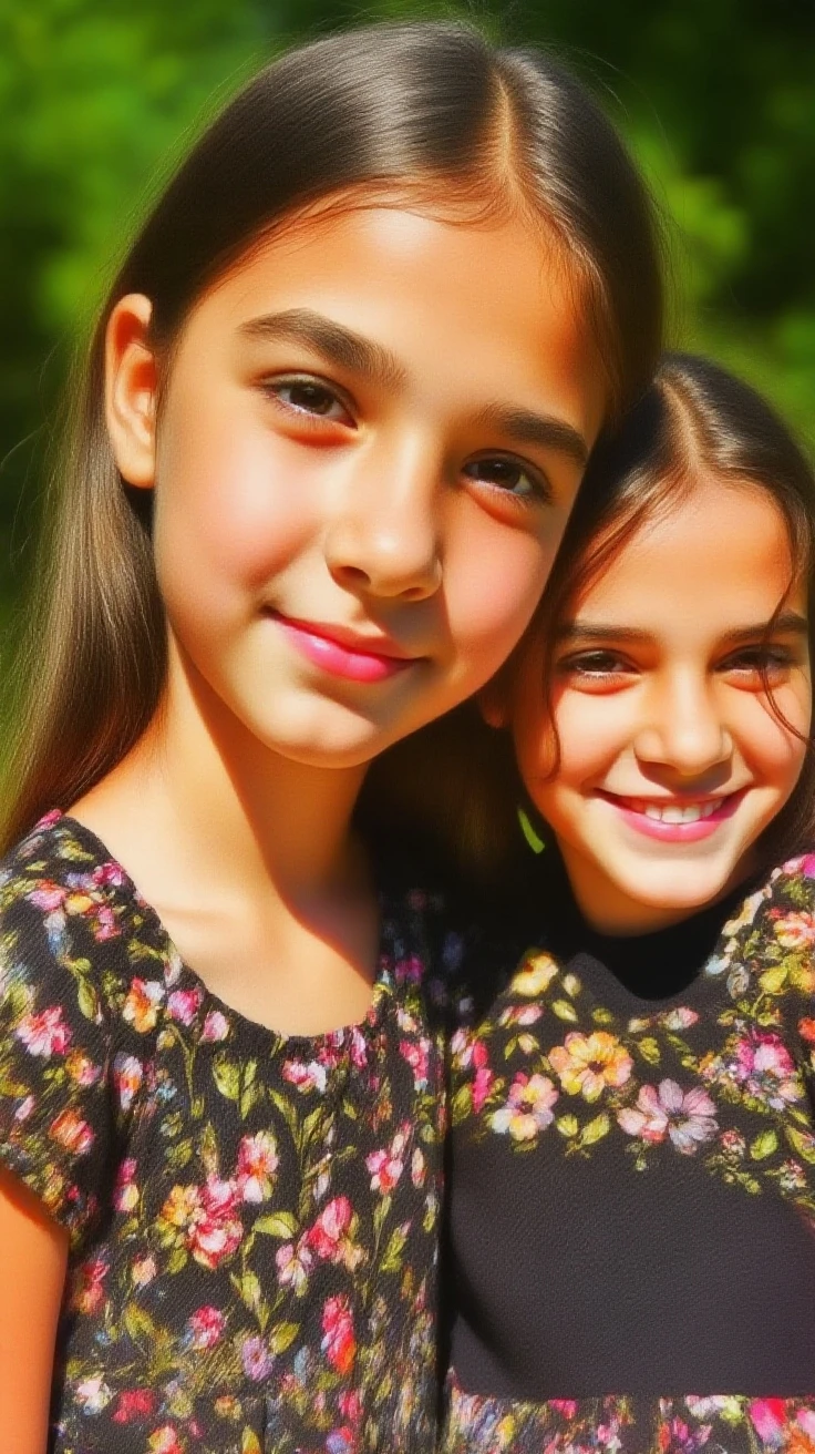((best quality)), ((masterpiece)), (detailed), Young girl 7 years old holding a mini bouquet of flowers with her older sister 17 years old. With happy face 