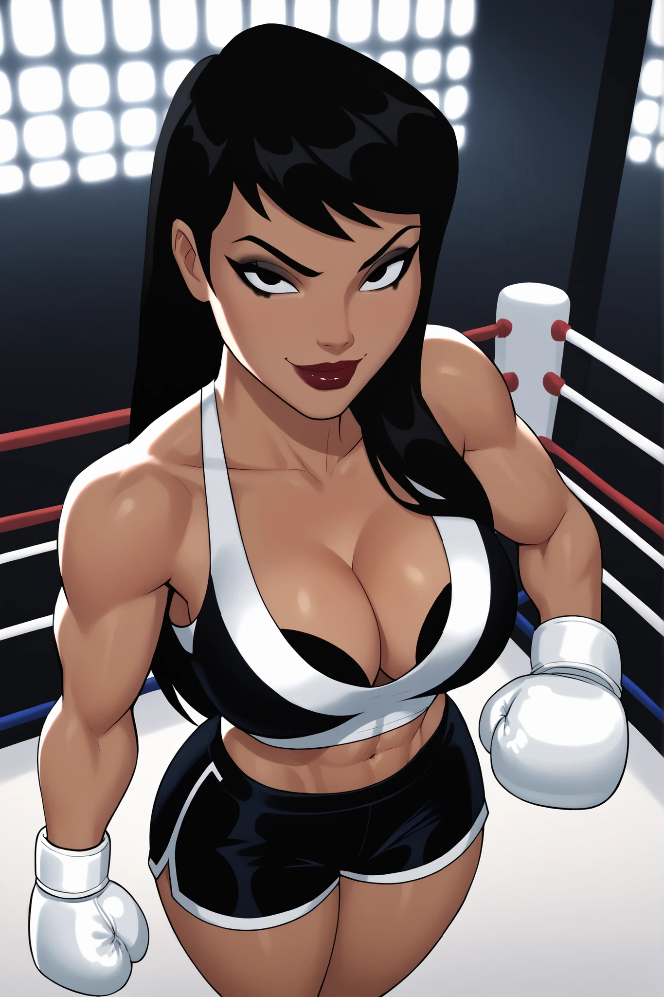 BREAK, score_6_up, score_7_up, score_8_up, score_9, 1girl, solo, Drlight, long hair, black hair, black eyes, lipstick, makeup, dark-skinned female,  very large breasts, busty, cleavage, curvy, athletic, midriff, looking at viewer, seducing viewer, teasing viewer, seductive expression, smiling, closed mouth, bedroom eyes, white and black bikini top, white and black workout shorts, white boxing gloves, indoors, boxing ring, standing, closeup, portrait, upper body, high-angle view, black eyeshadow, black mascara, thick thighs, wide hips