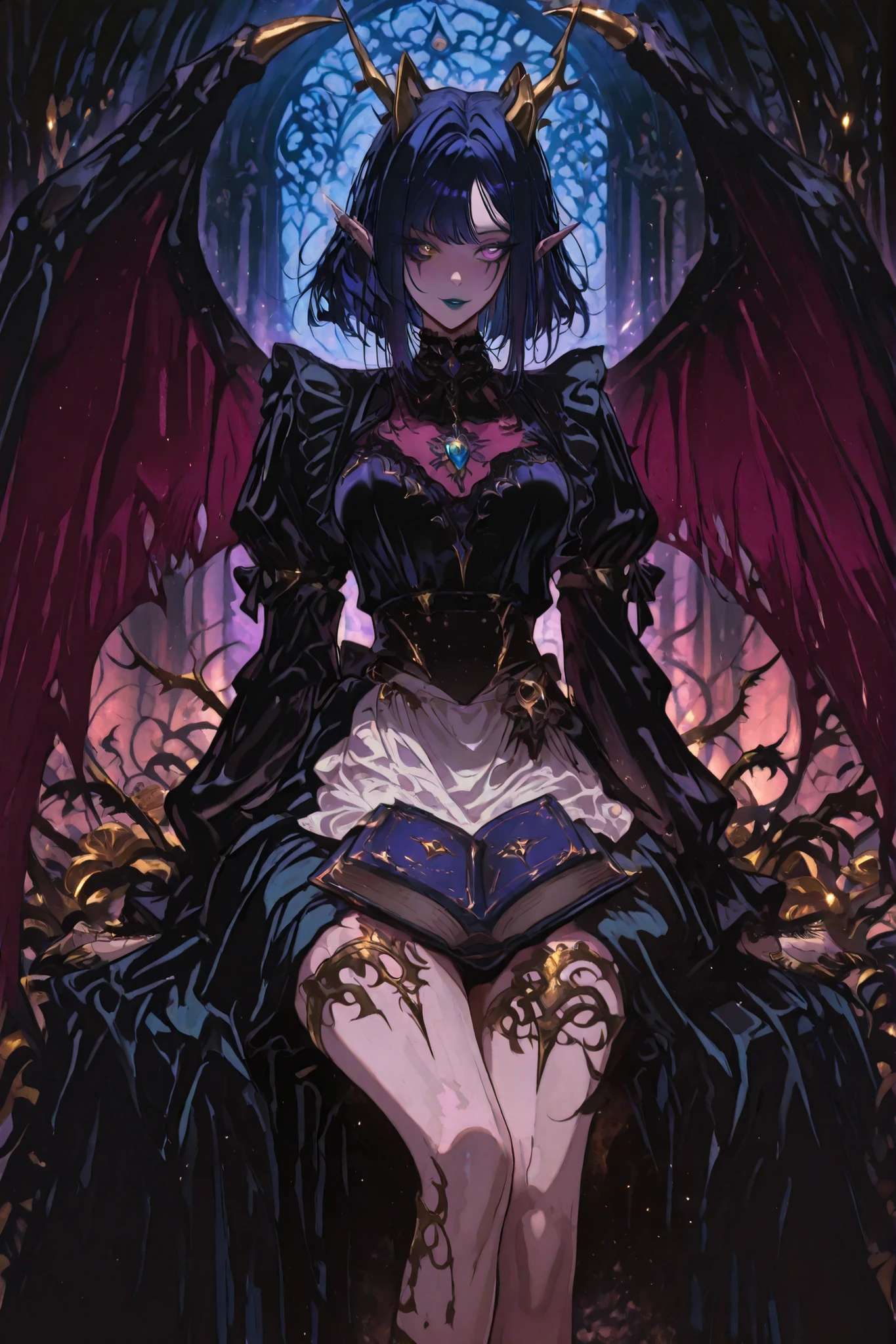 claws, clawed hand, demon girl,wings,heterochromia, gold and purple eyes, blue lips, facial markings, g0th1cpnk, goth, elf, goth, A dark and elegant goth character with a mysterious and otherworldly aura. She has short, straight, dark blue hair with side-swept bangs and vibrant gold tips, and wears stylish red glasses. Her eyes glow with a magical essence. The character wears a detailed and ornate Victorian maid's outfit: a black coat with puffed sleeves, a ruffled white apron, and deep gold linings. Her outfit is adorned with magical golden thorn-like vines and glowing blue crystals that emerge from her skin and clothing, especially around her neck, arms, and legs. A necklace of glowing purple jewels rests on her chest, pulsing with arcane energy. Her left hand holds an open ancient book, magically suspended above her palm. Elegant golden tattoos or markings extend across her body, merging with the magical thorns. The background is neutral to emphasize the high contrast and dramatic aesthetic of the fantasy. Highly detailed anime art style, intricate designs, brilliant magical effects, and quality concept art.