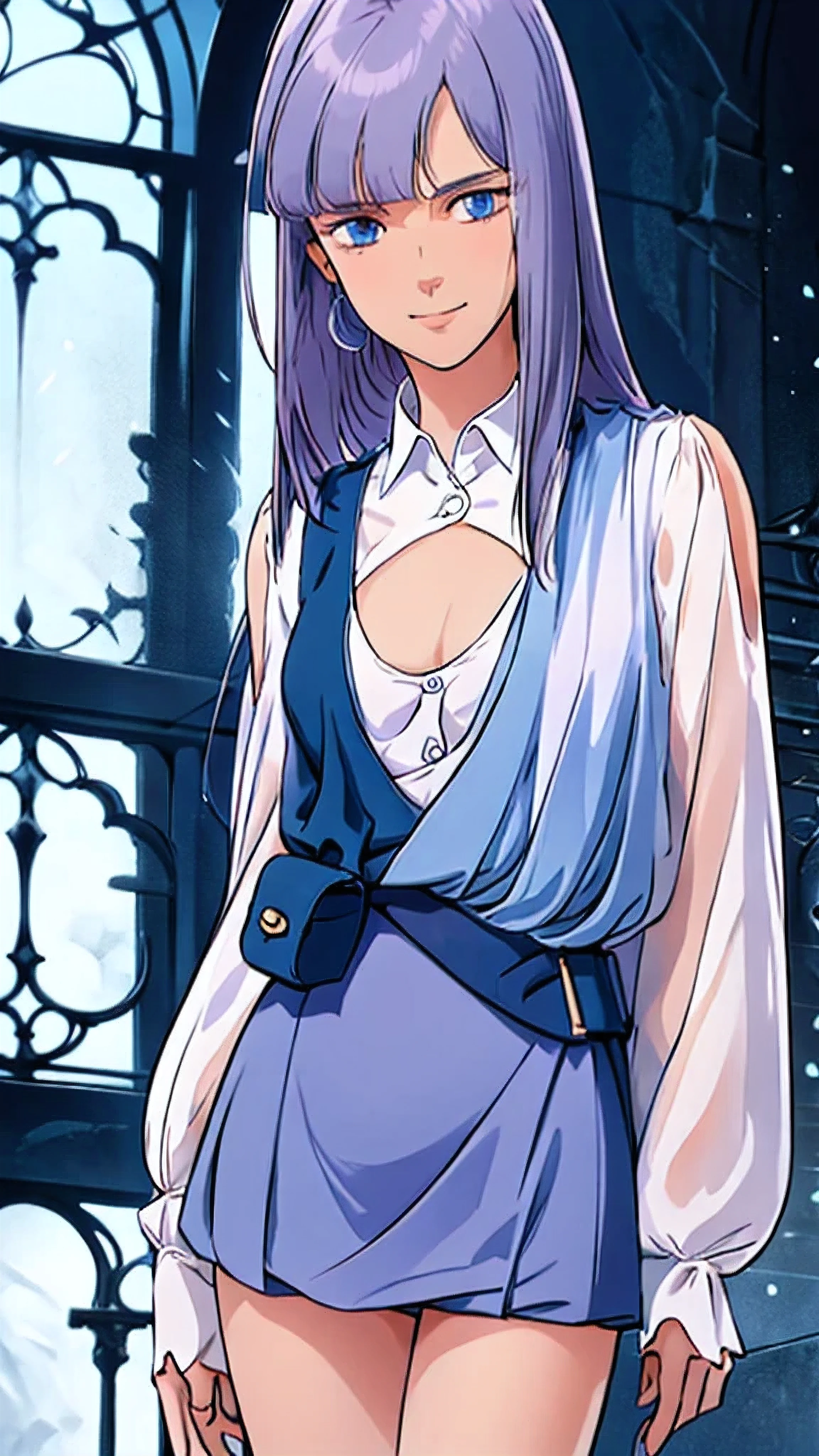  Lou Luca, 1 girl, light purple hair, blue eyes, long hair, Bang, BIG BREASTS,gothic school uniform, length to thigh, gentle smile, standing, gothic architecture, from the front, watch viewers, masterpiece, 4K, Highest Quality, HDR, small chest,Barefoot