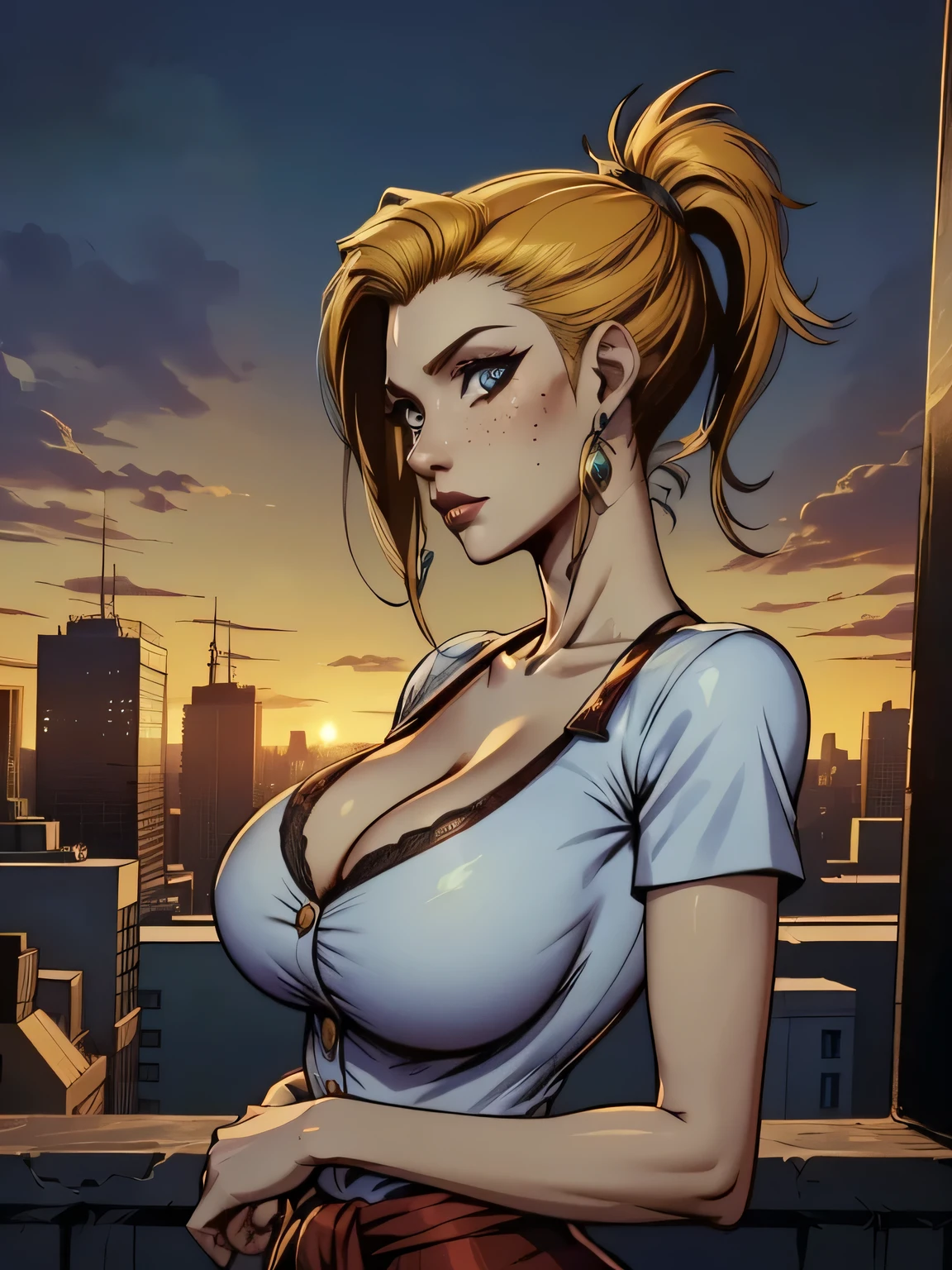 ( linhas absurdas, high definition, ultra fino,  be careful with your hand ) Close-up of a thin woman,  busty and athletic  (Scarlett Final Fantasy), 25 anos, 16k (( high definition )),  sighing look, olhar sedutor (( looking at the viewer )), olhos verdes, wearing a red latex t-shirt (( V-neck with buttons and short sleeves )), cintura fina, cinto preto, red latex skirt, arms on the sides of her body, pele branca, (( long yellow hair, with ponytail and fringes  )), She's alone in a city (( upper body, From waist to head, side view 3.4 )), with freckles on the neck and breasts, (( seios grandes, redondos e suados 3.4 )), (( Well defined collarbone )). estilo cartoon (( QG )), Urban scenery with sunset in the background.