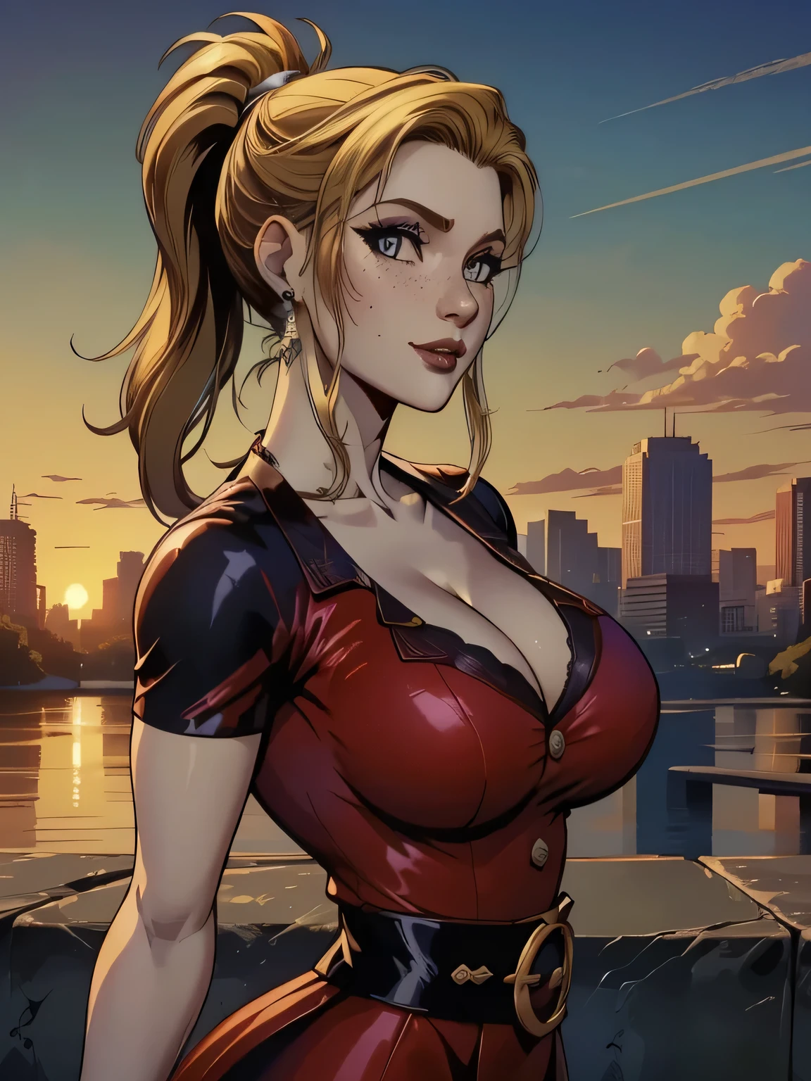 ( linhas absurdas, high definition, ultra fino,  be careful with your hand ) Close-up of a thin woman,  busty and athletic  (Scarlett Final Fantasy), 25 anos, 16k (( high definition )), sorriso lindo, olhar sedutor (( looking at the viewer )), olhos verdes, wearing a red latex t-shirt (( V-neck with buttons and short sleeves )), cintura fina, cinto preto, red latex skirt, arms on the sides of her body, pele branca, (( long yellow hair, with ponytail and fringes  )), She's alone in a city (( upper body, From waist to head, side view 3.4 )), with freckles on the neck and breasts, (( seios grandes, redondos e suados 3.4 )), (( Well defined collarbone )). estilo cartoon (( QG )), Urban scenery with sunset in the background.