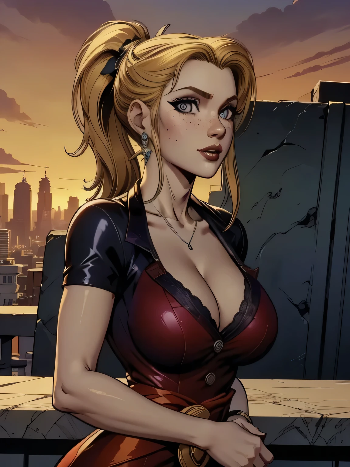 ( linhas absurdas, high definition, ultra fino,  be careful with your hand ) Close-up of a thin woman,  busty and athletic  (Scarlett Final Fantasy), 25 anos, 16k (( high definition )), sorriso lindo, olhar sedutor (( looking at the viewer )), olhos verdes, wearing a red latex t-shirt (( V-neck with buttons and short sleeves )), cintura fina, cinto preto, red latex skirt, arms on the sides of her body, pele branca, (( long yellow hair, with ponytail and fringes  )), She's alone in a city (( upper body, From waist to head, side view 3.4 )), with freckles on the neck and breasts, (( seios grandes, redondos e suados 3.4 )), (( Well defined collarbone )). estilo cartoon (( QG )), Urban scenery with sunset in the background.