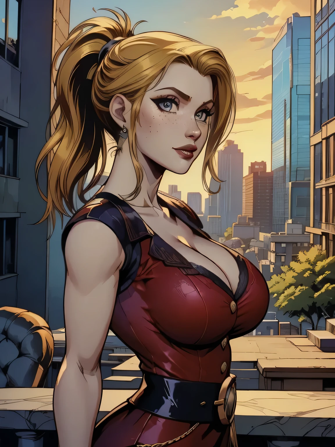 ( linhas absurdas, high definition, ultra fino,  be careful with your hand ) Close-up of a thin woman,  busty and athletic  (Scarlett Final Fantasy), 25 anos, 16k (( high definition )), sorriso lindo, olhar sedutor (( looking at the viewer )), olhos verdes, wearing a red latex t-shirt (( V-neck with buttons and short sleeves )), cintura fina, cinto preto, red latex skirt, arms on the sides of her body, pele branca, (( long yellow hair, with ponytail and fringes  )), She's alone in a city (( upper body, From waist to head, side view 3.4 )), with freckles on the neck and breasts, (( seios grandes, redondos e suados 3.4 )), (( Well defined collarbone )). estilo cartoon (( QG )), Urban scenery in the background.