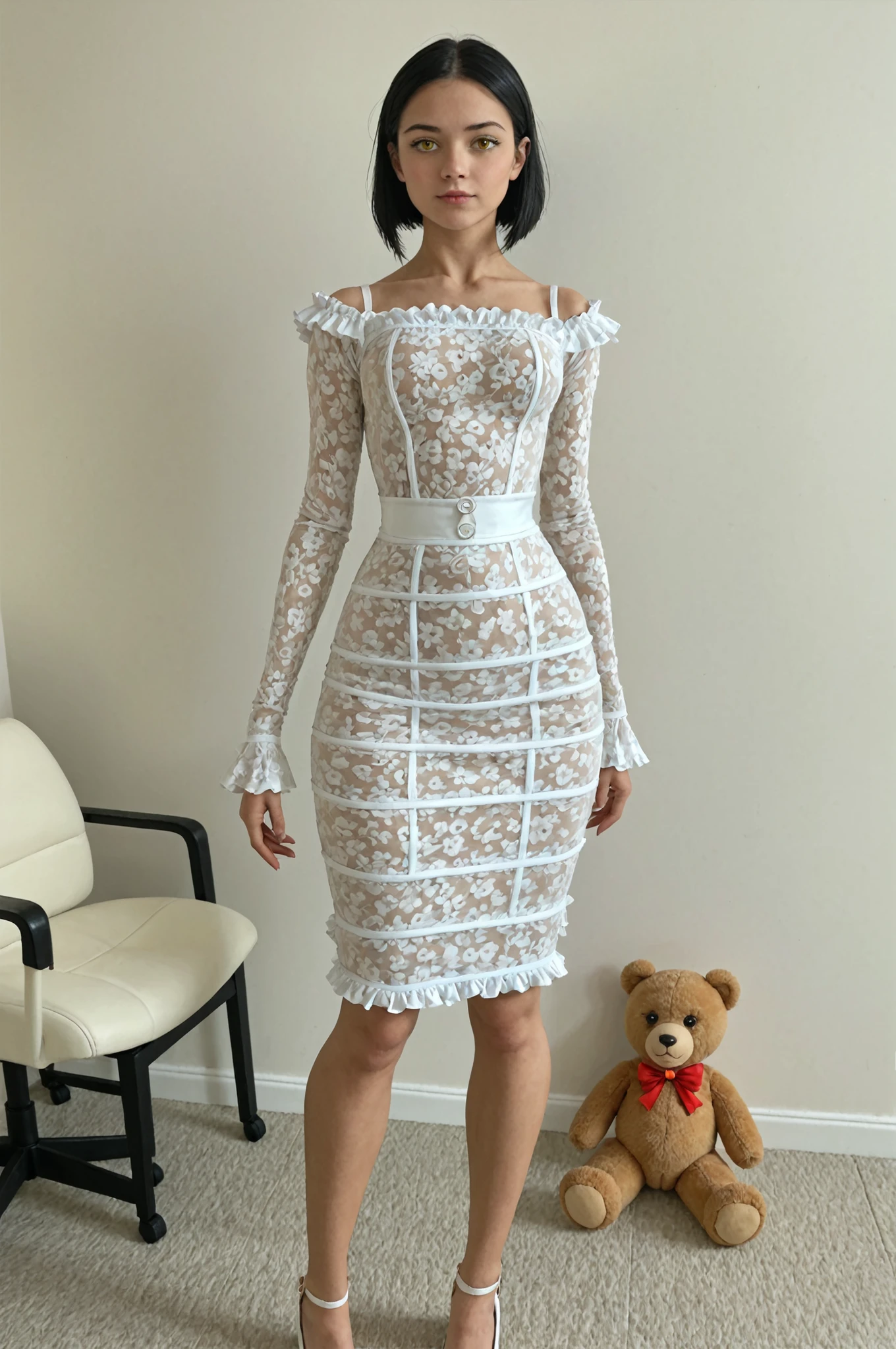 Toyshop, doll, teddybear on storeshelfs, score_9, score_8_up, score_7_up, score_6_up, 8k, high detailed picture, anime style, masterpiece, very young girl, small perfect breasts, (thin, slender, narrow shoulders and hips, anorexic girl, slender legs and arms), hmuro, black hair, short hair, two sides down, yellow eyes, 16k, masterpiece, realistic style, perfect fingers, CyberRealistic_Negative_PONY_V2, simple light frilled dress, very tight dress, bursting small breasts, scenery, holding teddybear, looking at teddybear, from above, dynamic angle, cowboy shot