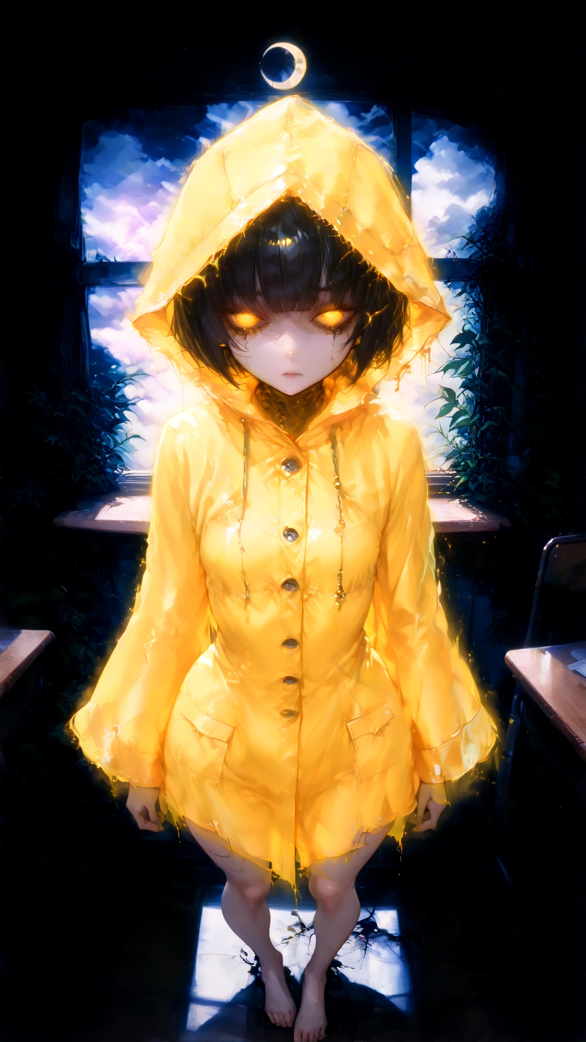 Six (Little Nightmares) A young female A young girl in a yellow raincoat, She wears a bright yellow raincoat that ends just above her knees with three buttons, two pockets, and a rhombus-shaped hood. appearing to be between 8-10 years old.  she has messy black bob-cut hair with long bangs that completely obscure the top half of her face, She has a fair skin tone, with a slightly rounded face. Classroom, daytime, cloudy day, glowing theme, desks and walls are destroyed and damaged by time, post-apocalyptic, plants growing, The background is a haunting blur of ghostly figures—pale, indistinct souls drifting in the mist, 1girl, solo,  glowing eyes,  goth, evil vibe, Window, walls, closed stage,  petite build,  shadowed body, flat chest, bird's eye view, slim body, slim hips, night sky, cloudy sky, crescent moon, expressionless, closed eyes, black hair,  bob-cut hair,small breasts, fullbody, barefoot, female focus,  soft skin, grimdark,horror,  epic composition, clothing texture, detailed eyes, beautiful face, beautiful girl, beautiful body, beautiful hair, Masterpiece, very aesthetic, perfect composition, ((detailed eyes)), (highly detailed), ((Best quality :1.2)),((Detailed :1.5)),((Detailed background :1.5)). (HD eyes:1.4), ((4k,8k,Ultra HD)), {perfect body}, 