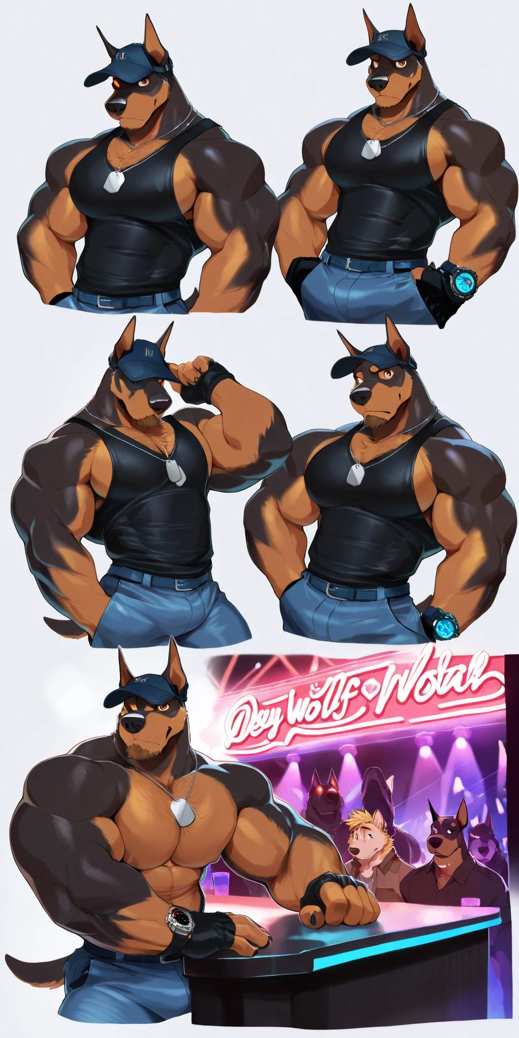 Experienced furry character reference sheet adoptable for Wolfstar, masterpiece , modern day alternate universe, no background, full body, multiple views , best quality , masterpiece , masculine , character sheet , dungeon & dragons , visual novel , featured on Pinterest , dynamic.Wolfstar is a hypnotized bouncer doberman at a strip club! Alone, solo, 1boy, A big dumb hunky jock doberman who wears a baseball cap whose rim covers his glowing eyes and looks tough! Muscular , black muscle tank top with the word "OBEY" inscribed in white over the chest in front and shoulders on back, tough and stupid while on guard duty, night time , pleasure island bar, front view , low angled view, best Quality, high quality, ultra high resolution, Fine Eyes, Exquisite Face, sexy stage performers, handsome, Chest muscles, chest hair, Abdominal muscles, tight blue jeans, neon lights, bar, null-ghost,Takemoto Arashi, Sexy, masterpiece, best quality, amazing quality, null-ghost, Wolfstar from visual novel "Wolfstar: Sins and Paradise". short spiky blonde hair with small pony tail, doberman, perfect brown eyes, Head and pectorals focus. Masculine, buff, dog, muscle, big thick broad shoulders, brown fur, light brown highlights, brown goatee, dogtags, detective, no defects, no watermarks, dog, perfect hands, wears a modern tech watch with a cracked face, doberman, solo, alone, fingerless gloves. Dazzling lights, special effects, stage show, Amazing Details, highly detailed face, no defects, no watermarks, perfect eyes.