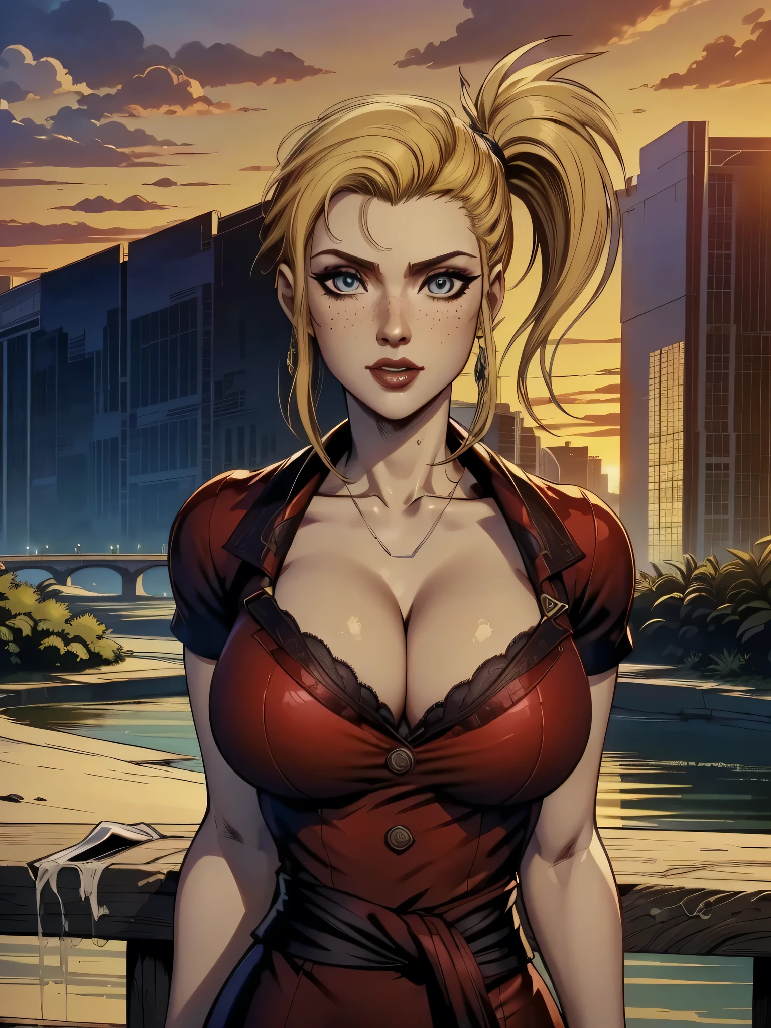 ( linhas absurdas, high definition, ultra fino,  be careful with your hand ) Close-up of a thin woman,  busty and athletic  (Scarlett Final Fantasy), 25 anos, 16k (( high definition )), sorriso lindo, olhar sedutor (( looking at the viewer )), olhos verdes, wearing a red latex t-shirt (( V-neck with buttons and short sleeves )), cintura fina, cinto preto, red latex skirt, arms on the sides of her body, pele branca, (( long yellow hair, with ponytail and fringes  )), She is alone on a bridge over a river (( upper body, From waist to head, side view 3.4 )), with freckles on the neck and breasts, (( seios grandes, redondos e suados 3.4 )), (( Well defined collarbone )). estilo cartoon (( QG )), Urban scenery with sunset in the background.