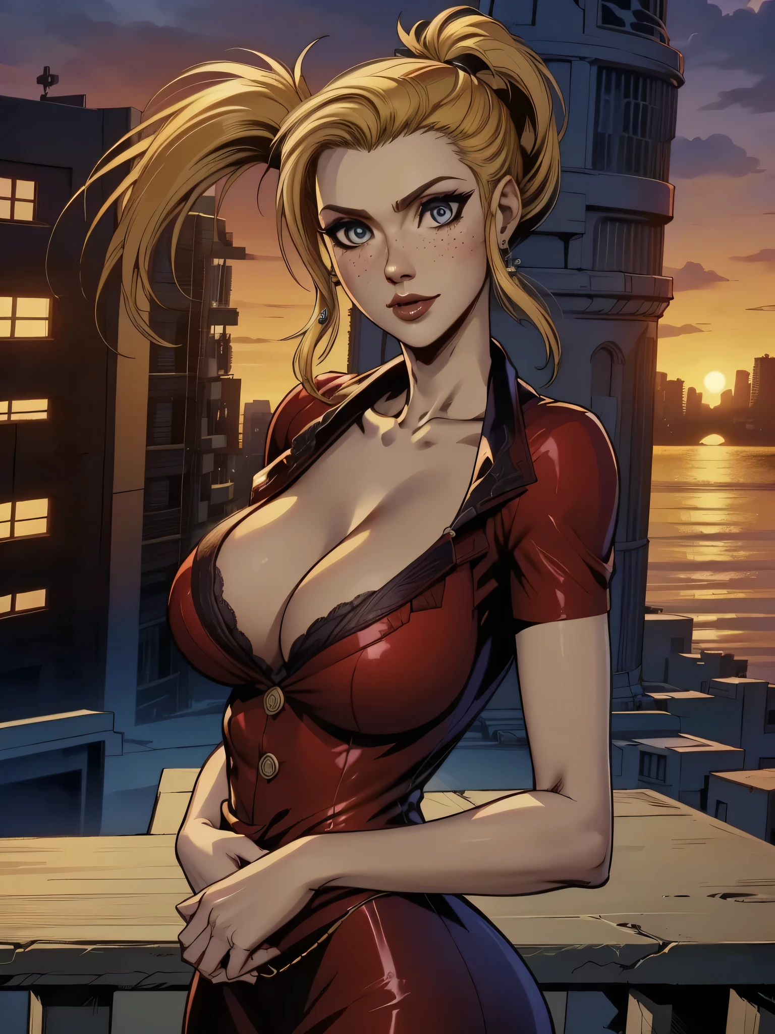 ( linhas absurdas, high definition, ultra fino,  be careful with your hand ) Close-up of a thin woman,  busty and athletic  (Scarlett Final Fantasy), 25 anos, 16k (( high definition )), sorriso lindo, olhar sedutor (( looking at the viewer )), olhos verdes, wearing a red latex t-shirt (( V-neck with buttons and short sleeves )), cintura fina, cinto preto, red latex skirt, arms on the sides of her body, pele branca, (( long yellow hair, with ponytail and fringes  )), She is alone on a bridge over a river (( upper body, From waist to head, side view 3.4 )), with freckles on the neck and breasts, (( seios grandes, redondos e suados 3.4 )), (( Well defined collarbone )). estilo cartoon (( QG )), Urban scenery with sunset in the background.