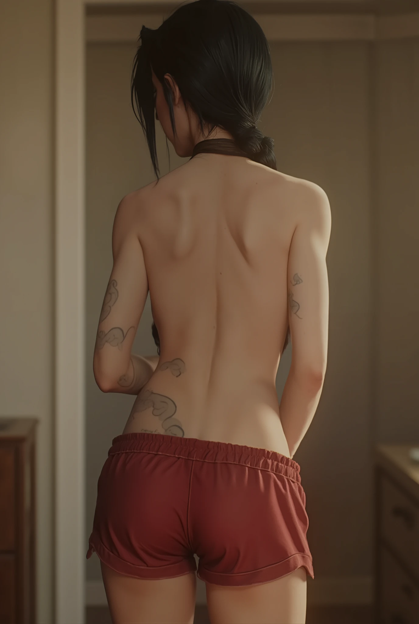  beautiful  body, Darling,  Miloe Lichico, beautiful legs, in down short colored sports shorts out,  tight t-shirt , gorgeous figure, knot hair, in the streamer  room, stands sideways to the paw, Looking at me, bajandose los pantalones lentamente,  out 