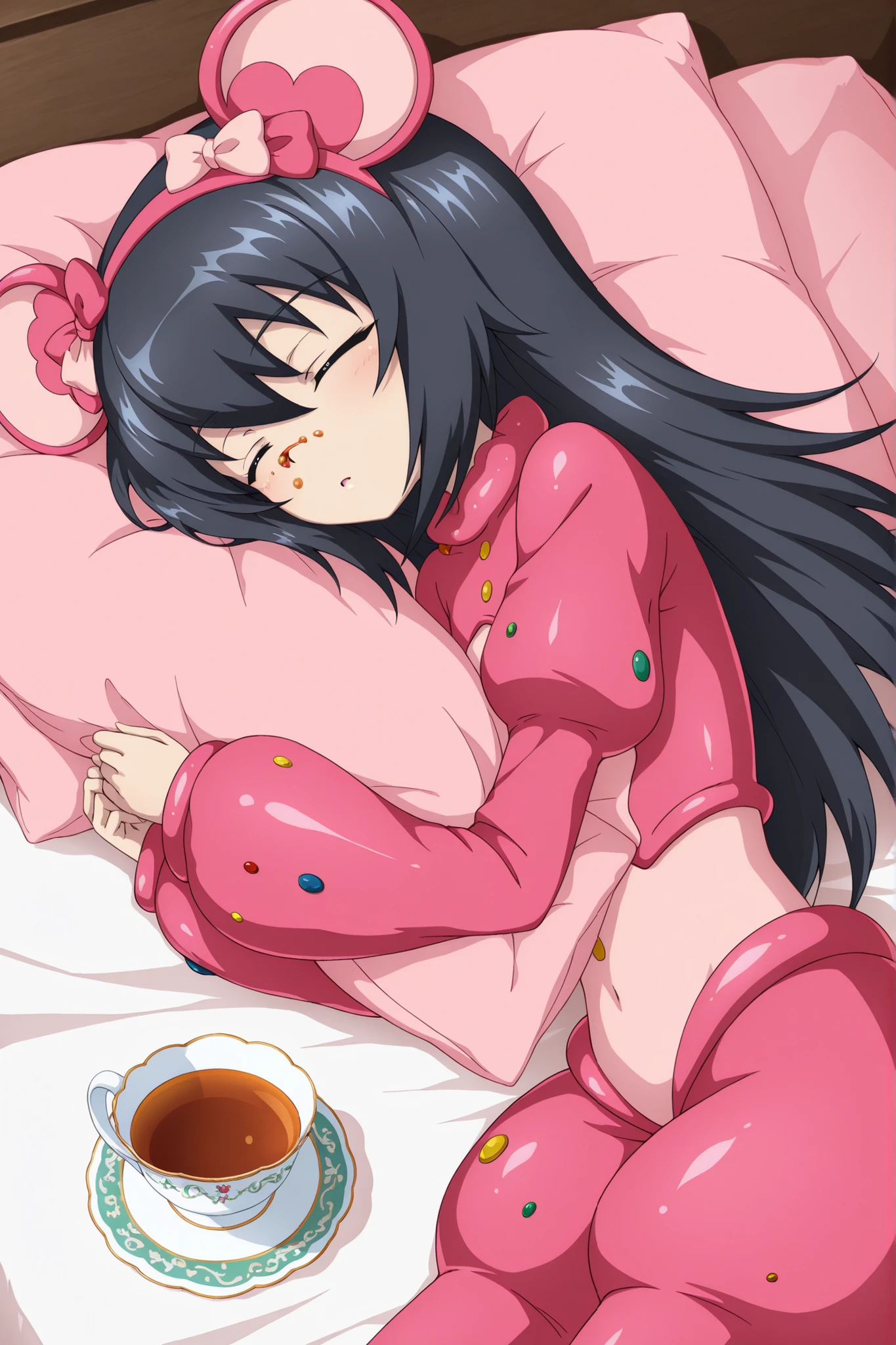 1girl, Character, Girls_und_Panzer, Mako Reizei, long hair,  Rococo suit, mouse ear headband, jelly on her nose, using a tea cake as a pillow, giant teacup and saucer, sleeping, side sleeping, front view, Girls_und_Panzer art style