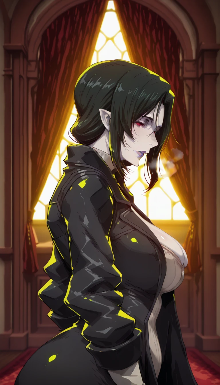 (code Geass-style:1.2), (butcha-u-style:1.2), (cirenk-style:1.4),((anatomical correct)), ((Cinematic, unreal engine, eye-catching, ambient occlusion, UHD, masterpiece)), ((perfect lighting, soft shadow)), perfect body, perfect eyes, perfect fingers, gasping, heavy breathing, gasping profusely, ((skindentation)), ((curvy)), enigma, vampire, long hair, ((black hair)), hair between eyes, red eyes, (pale skin:1.3), purple lips, lipstick, pointy ears, big breasts, plump, (voluptuous:1.5), (mature female:1.5), (protruding breasts:1.3), magic, fantasy, magic-realism, glow effect, 1girl, solo, looking_at_viewer, jacket, sweater, upper_body, sidelocks, breasts, coat, ribbed_sweater, turtleneck, looking at viewer,