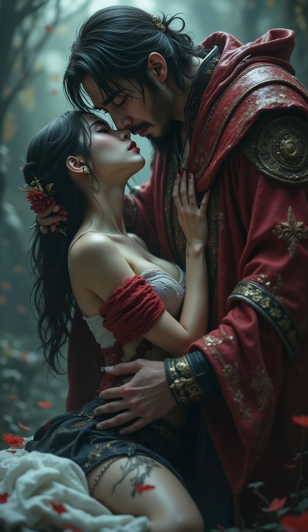 ( 32K High Resolution, photorealistic, Highest Quality, masterpiece, ultra high res), ((The line between heaven and hell)), sexy Japanese woman wearing a red and white v-neck knit top and knee-length tight skirt, That Woman Is Crying and Sad, (((Devil's Priest from Hell, The Priest Hugs the Woman While Holding a Grudge))), (Small Faces, Big L Cup Boobs, Waist 55cm , 92 cm butt), Great Details on Every Side, Romantic, Artistic, mysterious, Object of praise, original, Dramatic, Innovative, charm, Heartful, gorgeous, sense of loss, Special, exciting, Extreme, Accurate Representation of Hands and Feet, Mysterious Symmetry