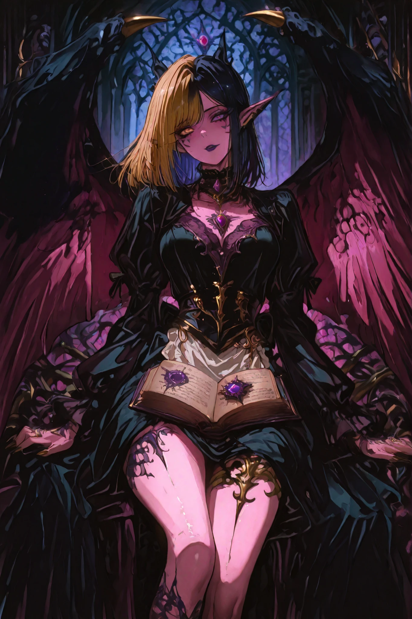 wings,Monster girl, claws, clawed hand, demon girl, multicolored dark blue and blonde hair, 1 girl, heterochromia, gold and purple eyes, purple and gold lips, facial markings, two-toned dark blue and gold hair, two-tone hair, multicolored hair, colored skin, pale red-violet skin, dull skin, dusty pink skin, Yubel_GX, goth, elf, goth, g0th1cpnk, She has medium-length, straight, dark blue and golden blonde hair with side-swept bangs and wears stylish red glasses. Her gold and purple eyes glow with a magical essence. The character wears a detailed and ornate Victorian maid's costume: a black coat with puffed sleeves, a white apron with ruffles and dark purple linings, and gold ornaments. Her outfit is adorned with magical black and gold thorn-like vines and sparkling blue and purple crystals that emerge from her skin and clothing, especially around her neck, arms, and legs. A golden necklace with a glowing purple gem rests on his chest, pulsing with arcane energy. His left hand holds an ancient open book, magically suspended above his palm. Elegant black and gold tattoos or markings stretch across his body, blending with the magical thorns. The background is neutral to emphasize the high contrast and dramatic fantasy aesthetic. Highly detailed anime art style, intricate drawing, brilliant magical effects, and quality concept art.