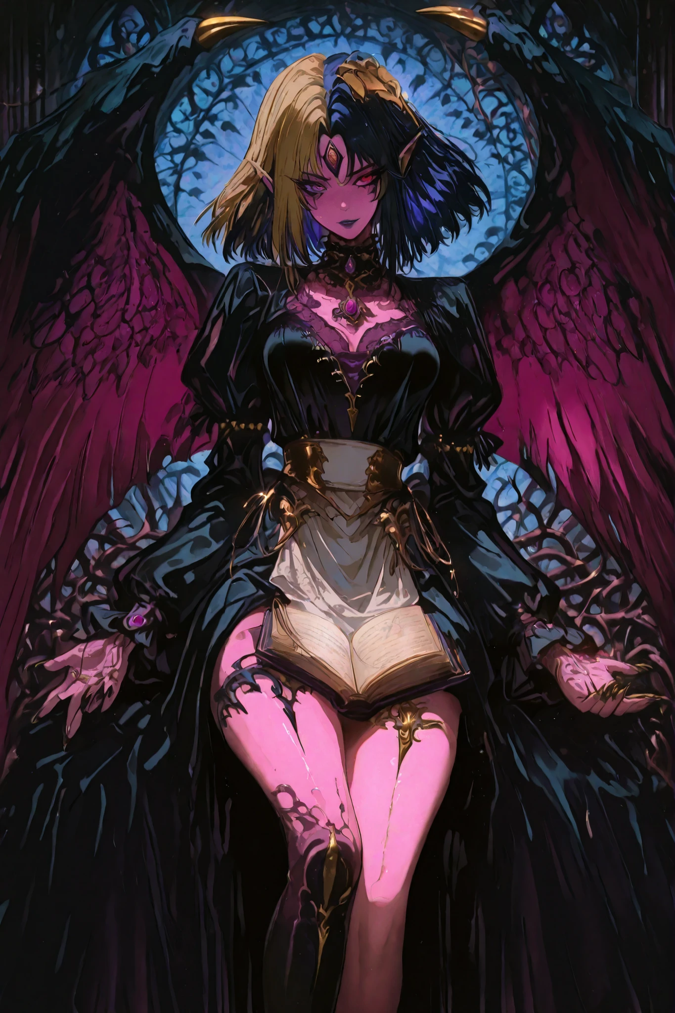 wings,Monster girl, claws, clawed hand, demon girl, multicolored dark blue and blonde hair, 1 girl, heterochromia, gold and purple eyes, purple and gold lips, facial markings, two-toned dark blue and gold hair, two-tone hair, multicolored hair, colored skin, pale red-violet skin, dull skin, dusty pink skin, Yubel_GX, goth, elf, goth, g0th1cpnk, She has medium-length, straight, dark blue and golden blonde hair and wears stylish red glasses. Her gold and purple eyes glow with a magical essence. The character wears a detailed and ornate Victorian maid's costume: a black coat with puffed sleeves, a white apron with ruffles and dark purple linings, and gold ornaments. Her outfit is adorned with magical black and gold thorn-like vines and sparkling blue and purple crystals that emerge from her skin and clothing, especially around her neck, arms, and legs. A golden necklace with a glowing purple gem rests on his chest, pulsing with arcane energy. His left hand holds an ancient open book, magically suspended above his palm. Elegant black and gold tattoos or markings stretch across his body, blending with the magical thorns. The background is neutral to emphasize the high contrast and dramatic fantasy aesthetic. Highly detailed anime art style, intricate drawing, brilliant magical effects, and quality concept art.