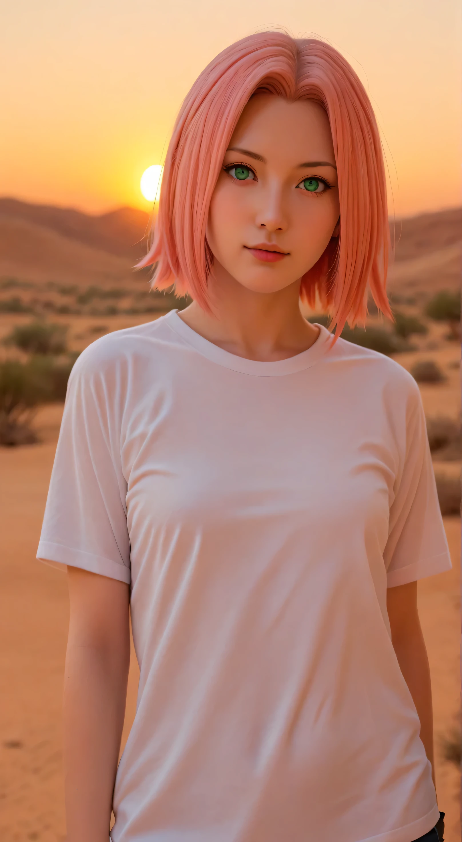 1girl, solo,haruno sakura,emerald eyes,pink hair,short hair,outdoors,potrait,small breast,nature, standing on desert dam,sidelocks,(sunset lighting:1.5),red sunset,looking at viewer, front view,close up,black glove,(desert hill background background:1.5),close up,(wear t-shirt:1.5), navel,teen girl,parted bangs