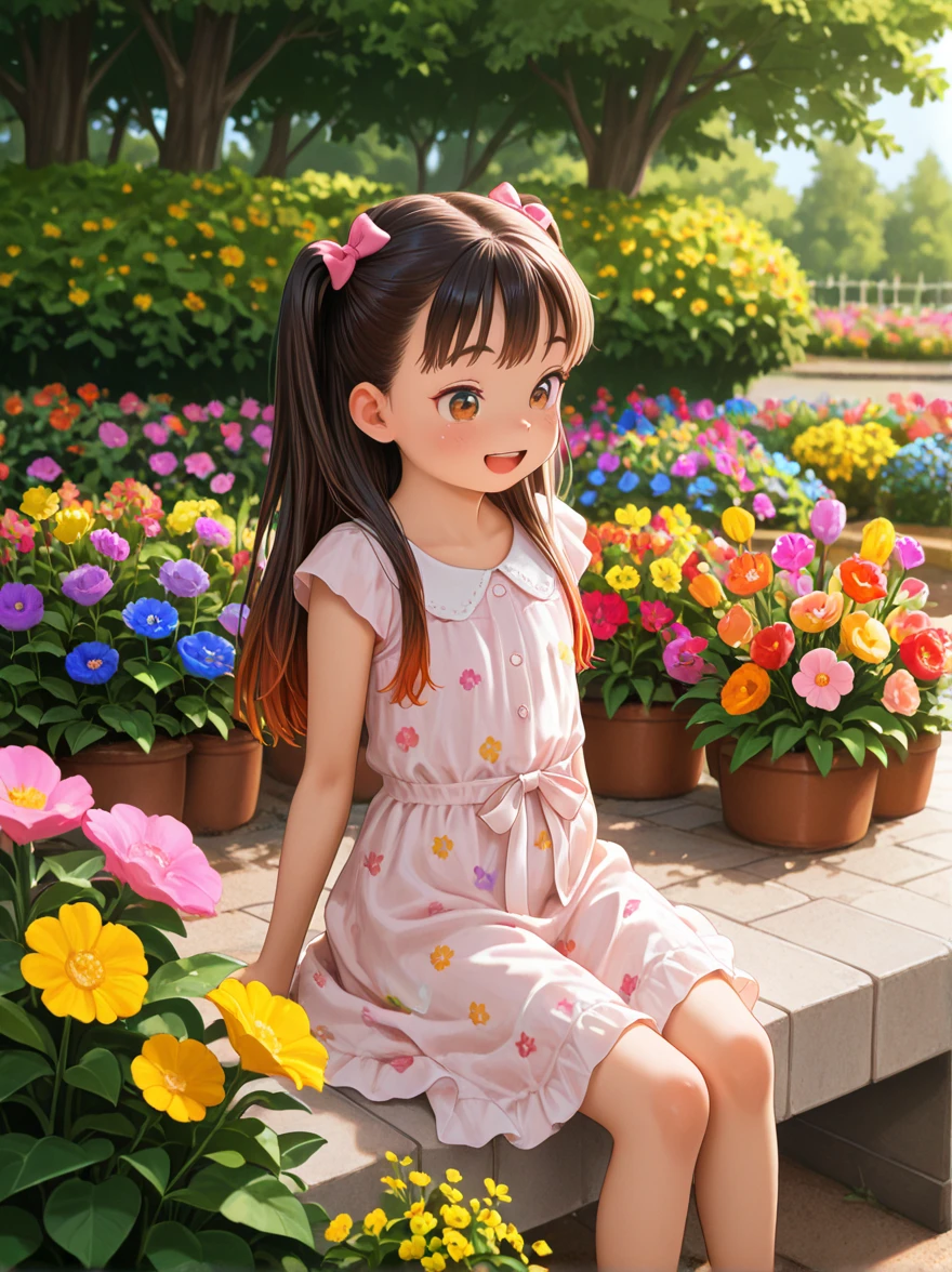 Anime girl in a garden with flowers and a fountain - SeaArt AI