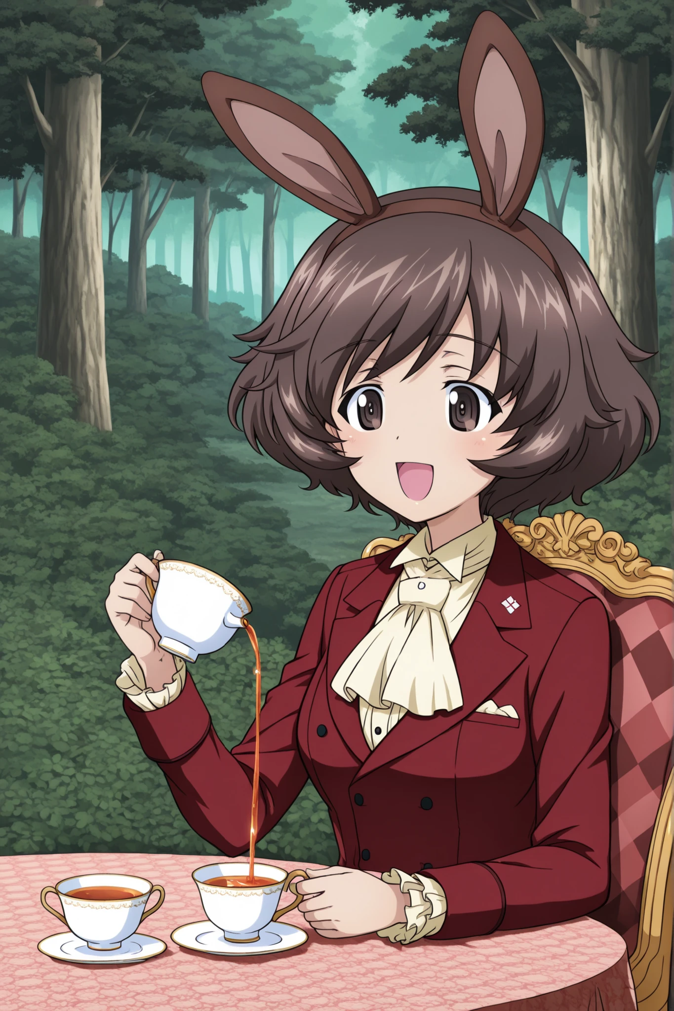 1girl, Character, Girls_und_Panzer, Yukari Akiyama, brown bunny ears, Victorian suit, burgundy (checkered fabric pattern), cravat, sitting, happy, pouring tea sideways into a teacup, table, forest, Girls_und_Panzer art style,