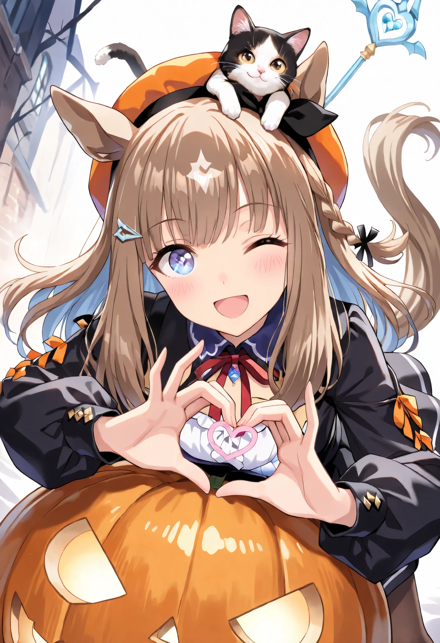 (masterpiece, best quality, perfect face:1.4), wide angle, almond eye \(umamusume\), white hair ornament, horse ears, horse tail, tail on the lower back, proportional body, proportional,1 girl, beautiful hair, beautiful face, beautiful detailed eyes, beautiful clavicle, beautiful body, beautiful chest, beautiful thigh, beautiful legs, beautiful fingers, looking at viewer, BREAK, long sleeves, black dress, puffy sleeves, hat, frills, brown pantyhose, jack-o'-lantern, torn clothes, orange headwear, neck ribbon, halloween costume, holding staff, BREAK, Leaning forward, look up, Tilt your head, (((Heart Hands))), ((cat on top of head)), BREAK, blush happy smile (open mouth), one eyed closed, textured skin, realistic skin, HDR, BREAK, good hands