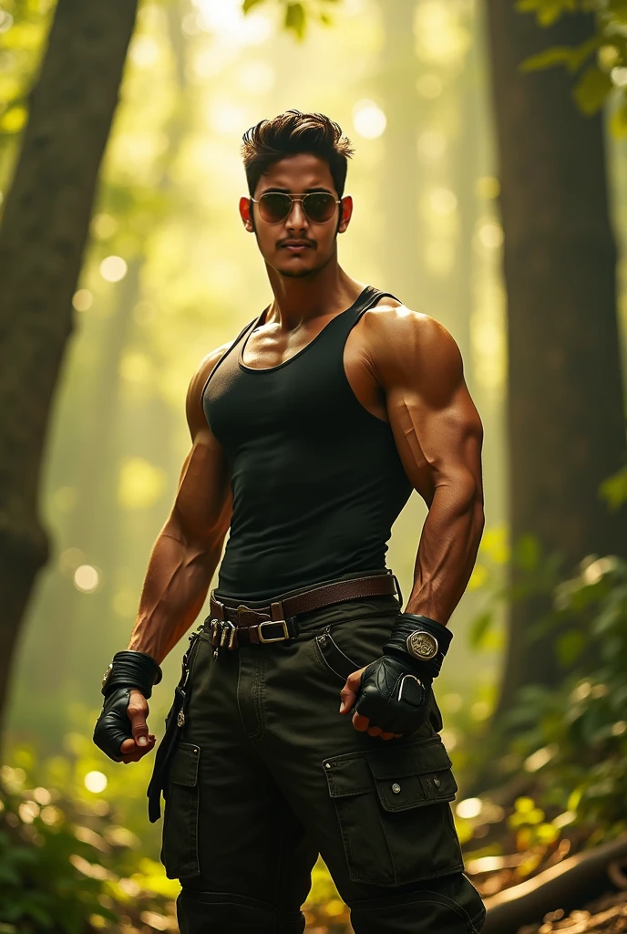 a 26 year old boy,pivalora,pivalora face,serious expression,black sleeveless shirt,black pants,black hair,levitating in blue sky,clouds,(best quality,4k,8k,highres,masterpiece:1.2),ultra-detailed,(realistic,photorealistic,photo-realistic:1.37),detailed face,extremely detailed eyes and face,cinematic lighting,dramatic atmosphere,vibrant colors,surreal,fantasy