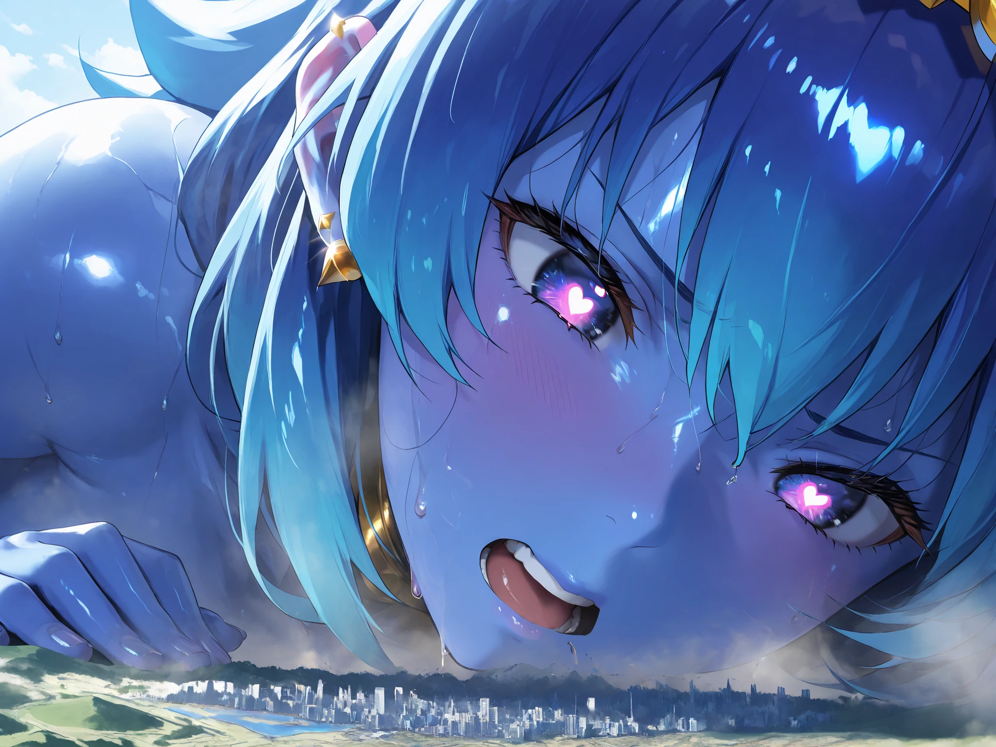 (masterpiece , Highest quality , Ultra-high resolution) , 1girl , spirit king wave , (), gold ear piercing , (blue skin) , latex skin , glossy skin, glossy hair, white tattoo , (Sweat) , (steamy), glossy skin , shiny skin , glistening skin, Macro, Giantess, Landscape, Aerial Perspective, close up, , R-18, cool backlight, lying down, , focus on face , Gritting her teeth, frustrated, tiny city, destroyed city,