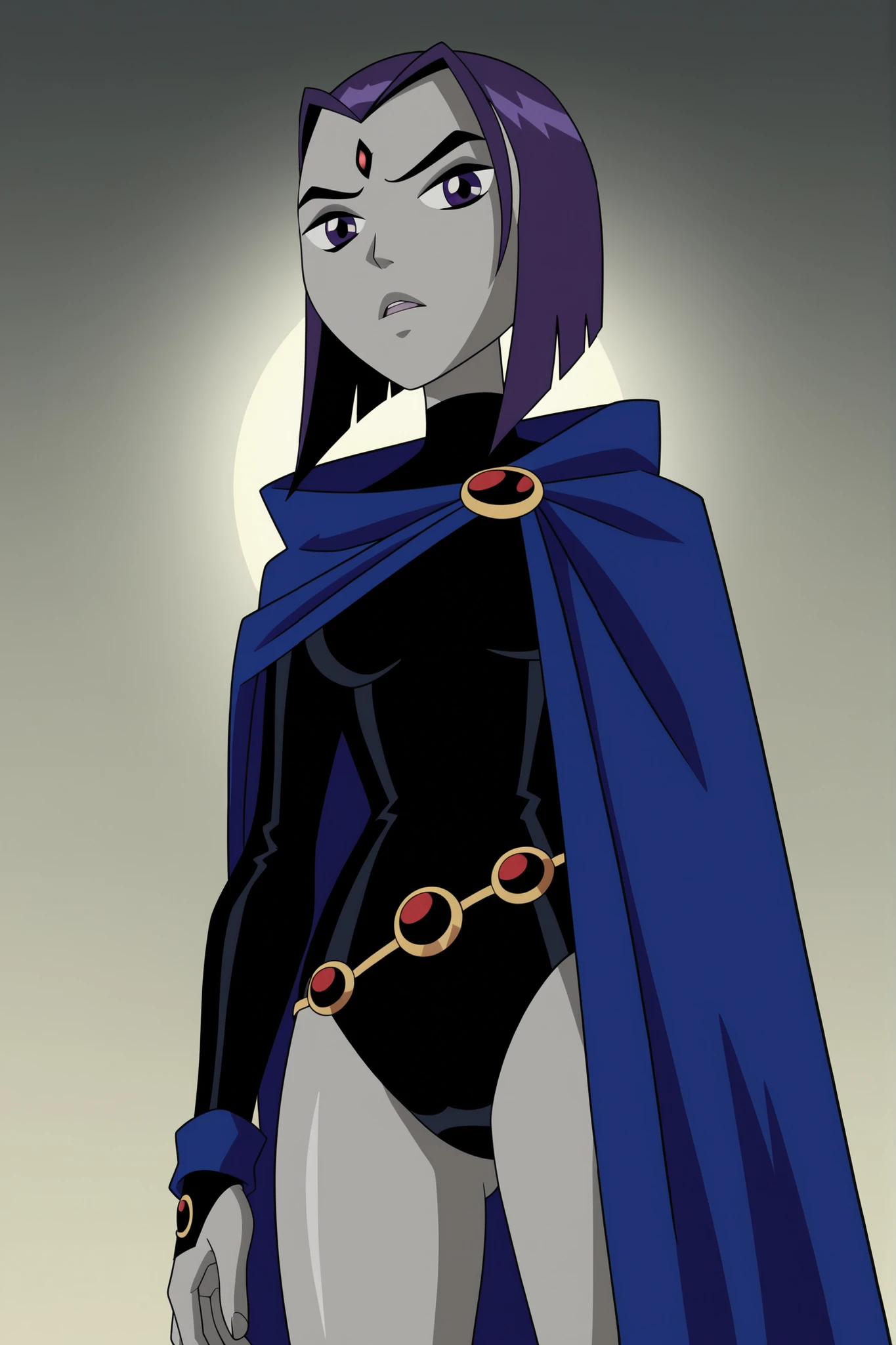 score_9, score_8_up, score_7_up, score_6_up, score_5_up, score_4_up, BREAK, <lora:RavenOG-000007:1>, 1girl, Raven, purple hair, purple eyes, grey skin, forehead jewel, black leotard, long sleeves, blue cape, viewed from below, crotch close up, looking at viewer