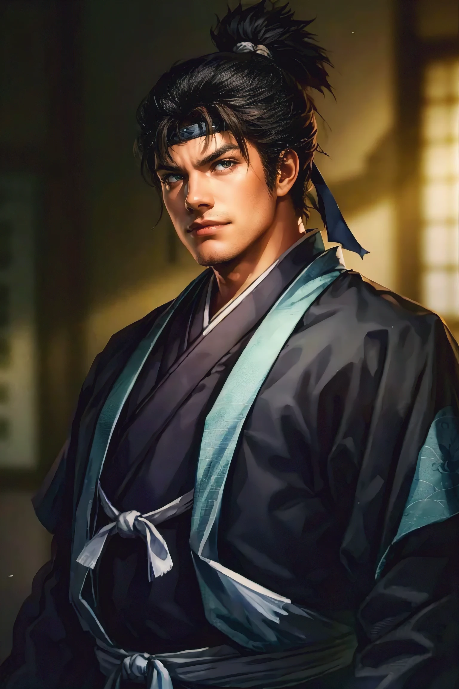 (Matthew Peace, Highest Quality:1.2), Cowboy Shot, solo, focus on men, 1 person, Samurai painted in oil, watch viewers, long black hair, dark eyes:1.3, ((Enhanced Body)),((((Keen Eyes)))),((Ninja)),((black Japanese kimono)),Japanese sword,sidemap,((A white background with a blurred focus that clearly distinguishes the boundary between the person and the background))