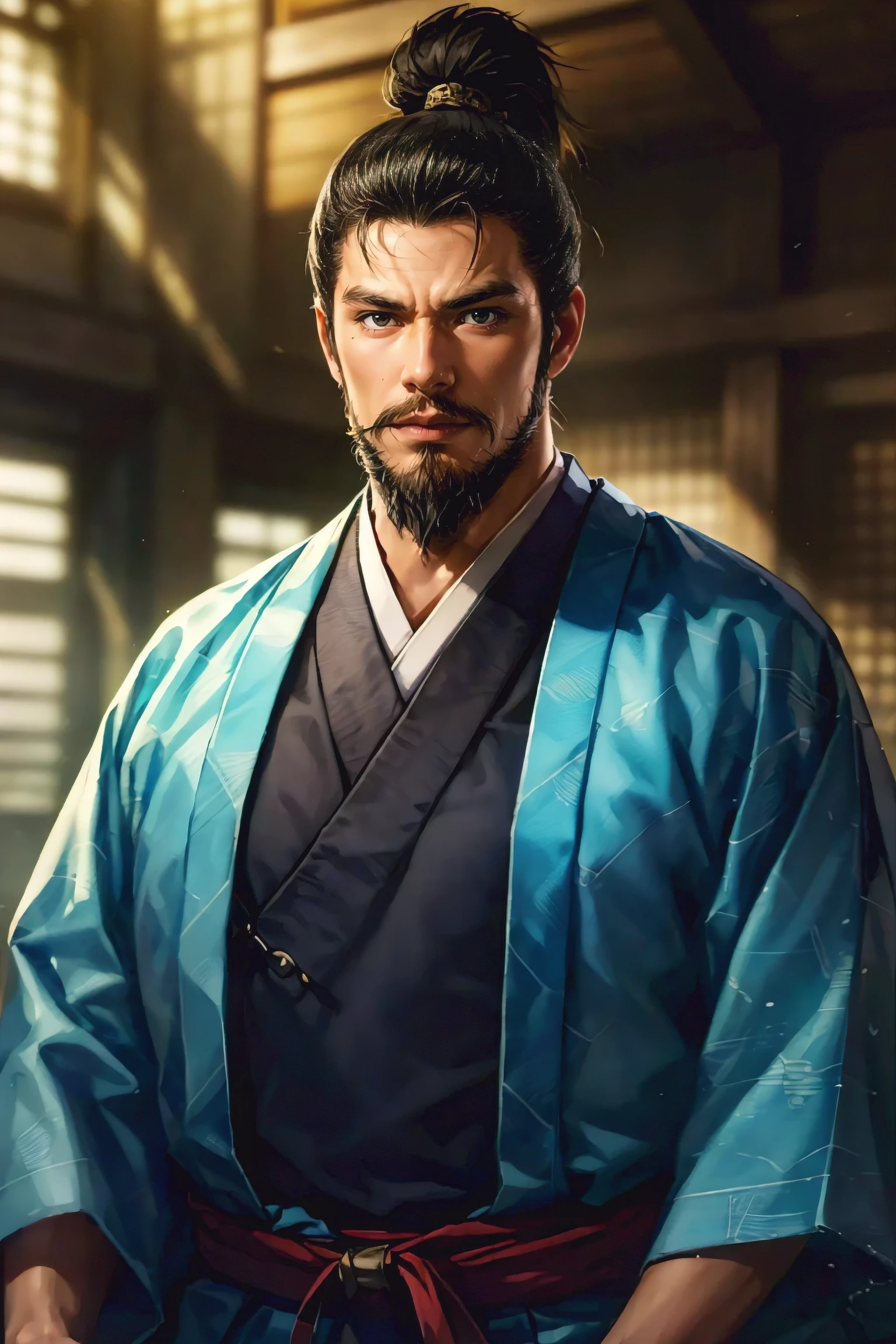 (Matthew Peace, Highest Quality:1.2), Cowboy Shot, solo, focus on men, 1 person, Samurai painted in oil,Indoor, watch viewers, long black hair, dark eyes, ((Haori)),((Enhanced Body)),((((Keen Eyes)))), Suetsu,Ninja,black Japanese kimono,Japanese sword,sidemap,beard
