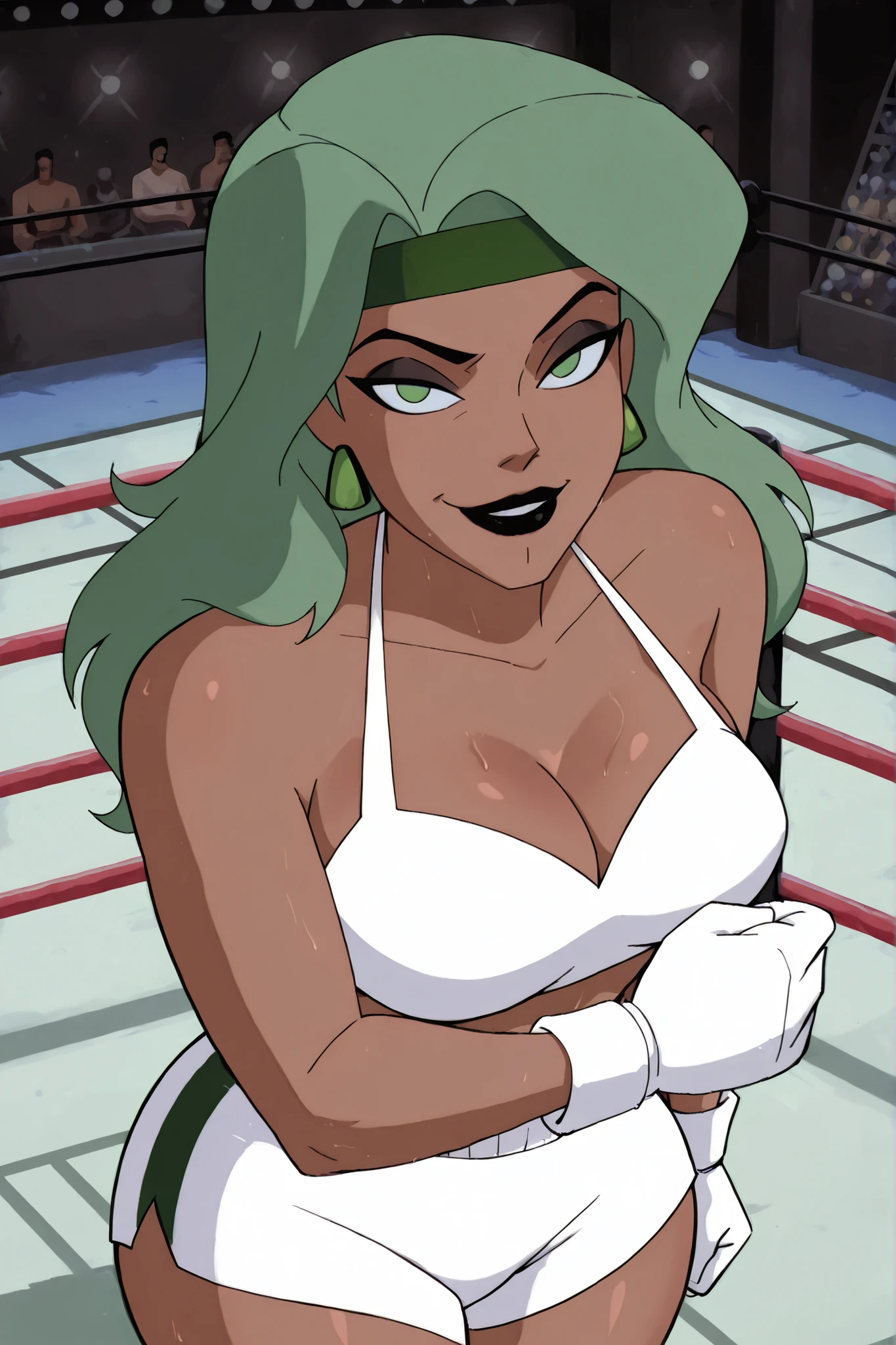 BREAK, score_6_up, score_7_up, score_8_up, score_9, 1girl, solo, Fuego_XL, jewelry, earrings, dark skin, makeup, headband, lipstick, makeup, black lips, green headband, green eyes, dark-skinned female, green hairband, parted chin, very large breasts, busty, cleavage, curvy, athletic, looking at viewer, seducing viewer, teasing viewer, seductive expression, smiling, closed mouth, bedroom eyes, white bikini top, white workout shorts, white boxing gloves, indoors, boxing ring, standing, closeup, portrait, upper body, high-angle view, dark green eyeshadow, black mascara, thick thighs, wide hips