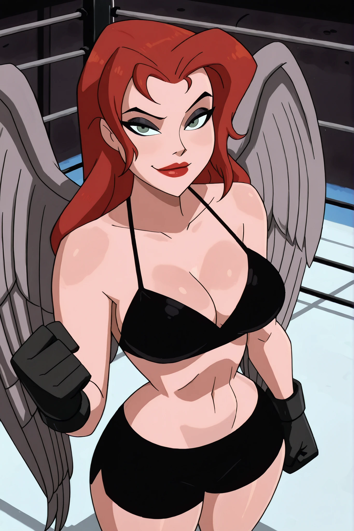 BREAK, score_6_up, score_7_up, score_8_up, score_9, 1girl, solo, Hawk_Girl_XL, feathered wings, angel wings, grey wings, wings, long hair, red hair, green eyes, lipstick, makeup, very large breasts, busty, cleavage, curvy, athletic, looking at viewer, seducing viewer, teasing viewer, seductive expression, smiling, closed mouth, bedroom eyes, black bikini top, black workout shorts, black boxing gloves, indoors, boxing ring, standing, closeup, portrait, upper body, high-angle view, black eyeshadow, black mascara, thick thighs, wide hips